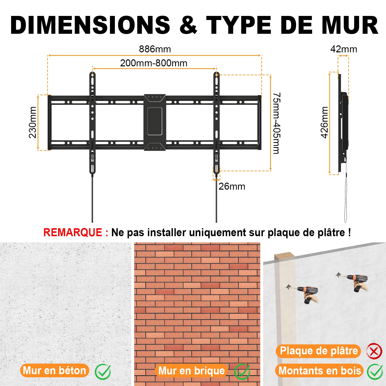 Support Mural TV-Universel Incliné 43-100 Pouces – Fixation Murale Plate Jusqu’à 75kg, Compatible VESA 800x400, pour TV Courbes & Écrans Plats, Noir, Installation Facile, Salon & Bureau