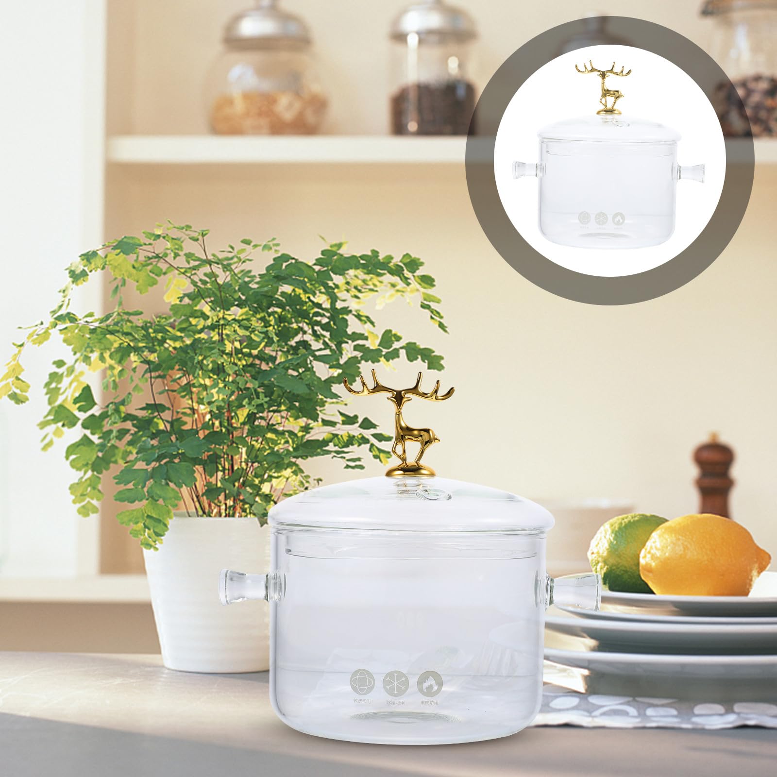 Glas Instantnudeltopf mit Deckel im Elch Design, Doppelgriffe | Borosilikatglas, Geeignet für Suppe und Speisen, Gleichmäßige Wärmeleitung, Ergonomische Handhabung