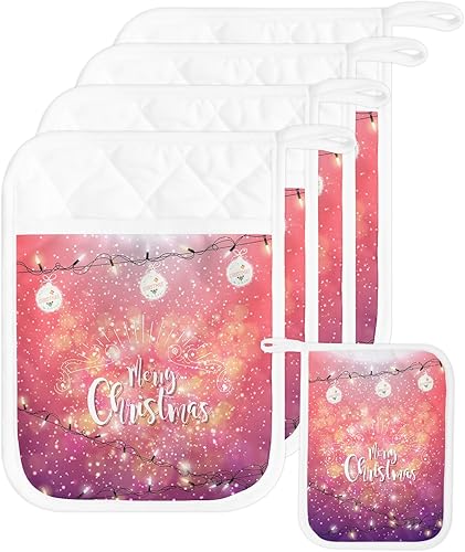 Christmas 5Pcs Pot Holders for Kitchen, Non Slip & Heat Insulation Terry Cloth Potholder Set with Pocket, Thick Hot Pad Oven Mitts Trivet Coaster