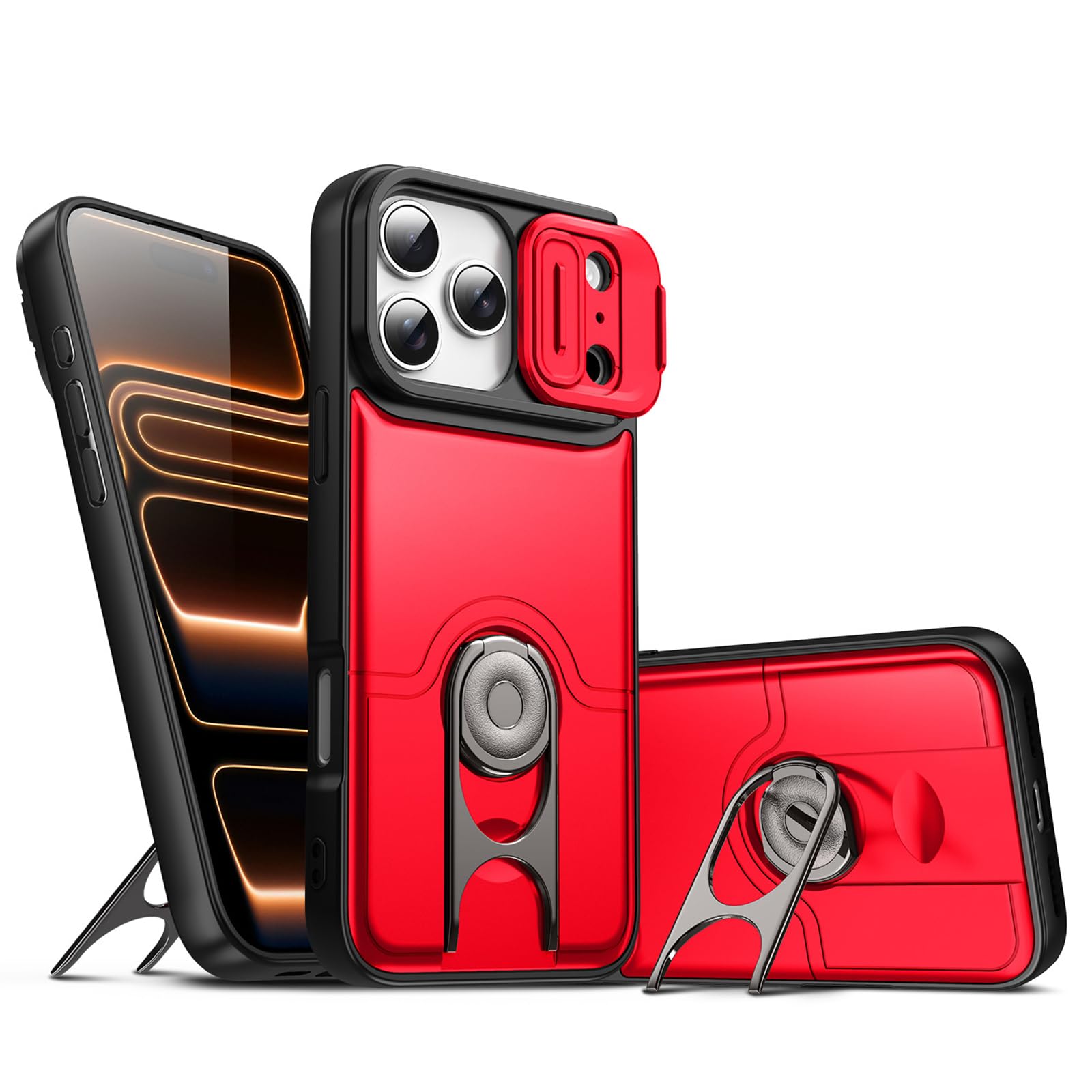 MFAOSHI Slim Case for iPhone 17 Pro Max/17 Pro/17 Air/17, All-inclusive Lens Protection Shockproof Case with Swivel Metal Stand Cover,Red,17 ProMax