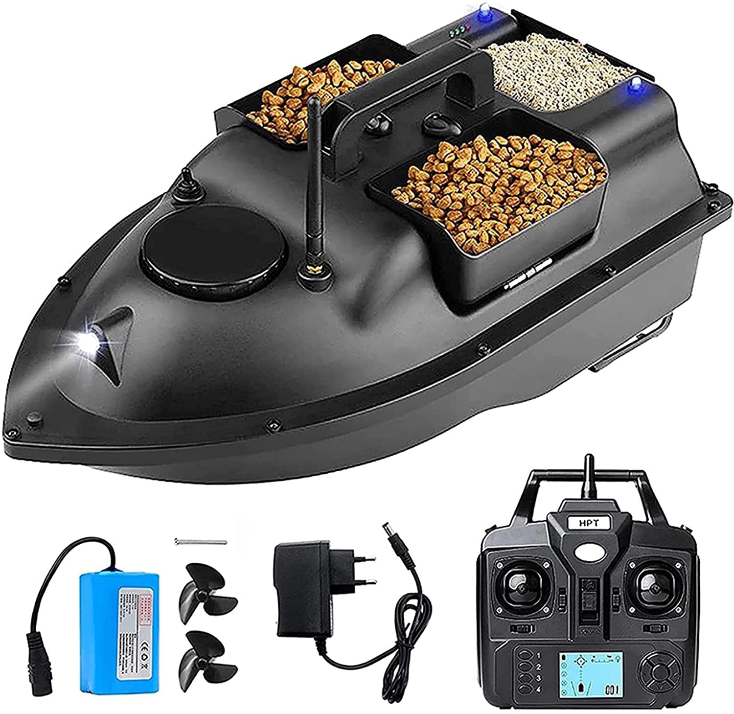 Barco de cebo RC con control de crucero GPS, batería de 12000 mAh, 3 compartimentos de cebo independientes, luz nocturna para pesca
