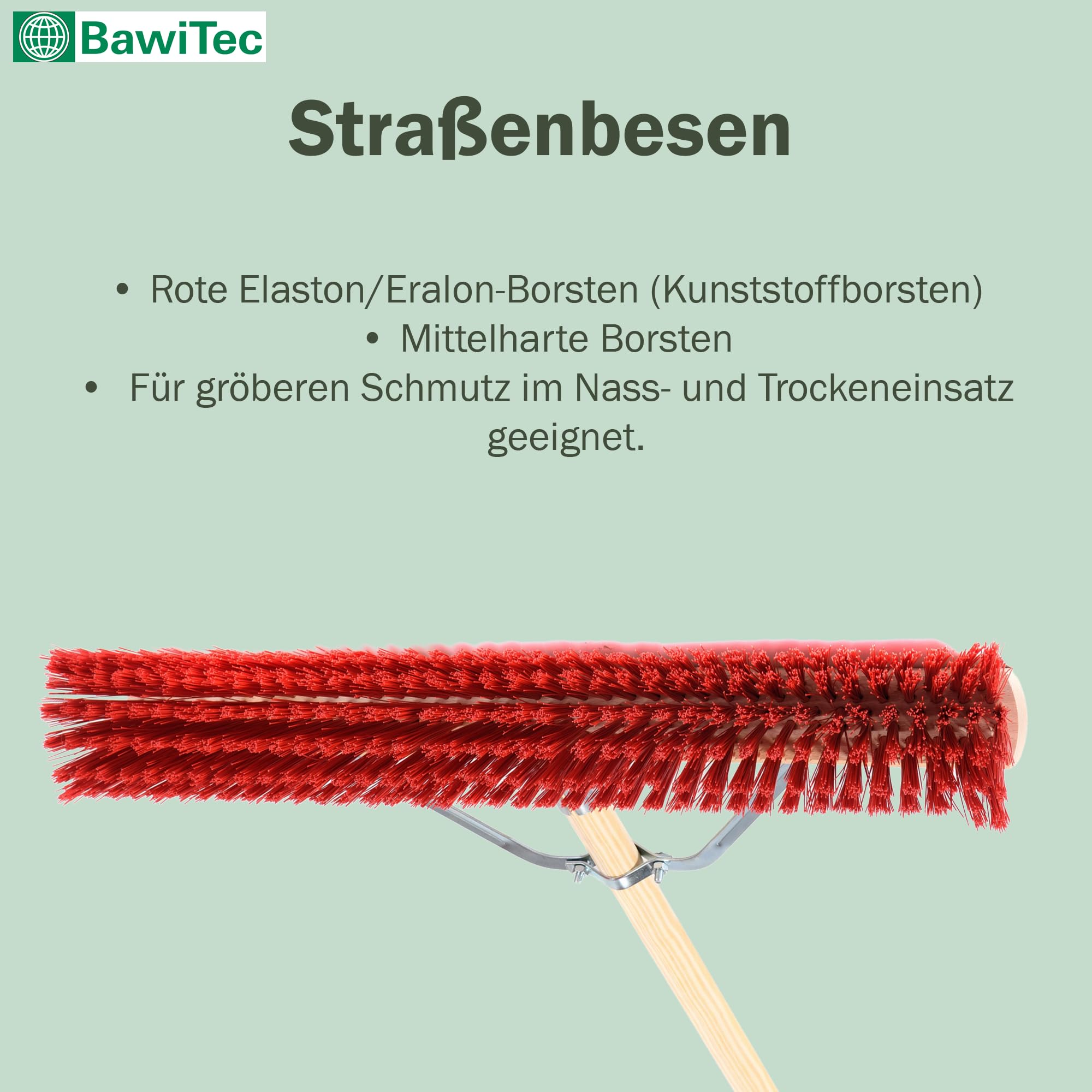 Profi Besen Straßenbesen 80cm mit Stiel 160cm Holzstiel rote Borsten Stabi | Spezieller Stielstabilisator/Zusatzhalterung, Besenstiel Ø28mm, Robuste Dichte Kunststoff-Borsten