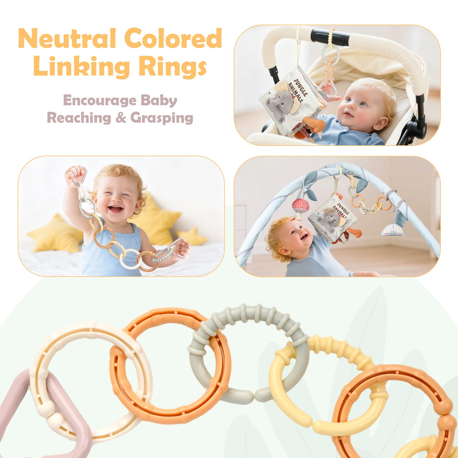 Joyreal Juguetes de cochecito en espiral para bebés, juguetes para recién nacidos, juguetes sensoriales para asiento de coche, sonajeros de bebé, anillos de enlace, libros de bebé de 0 a 12 meses