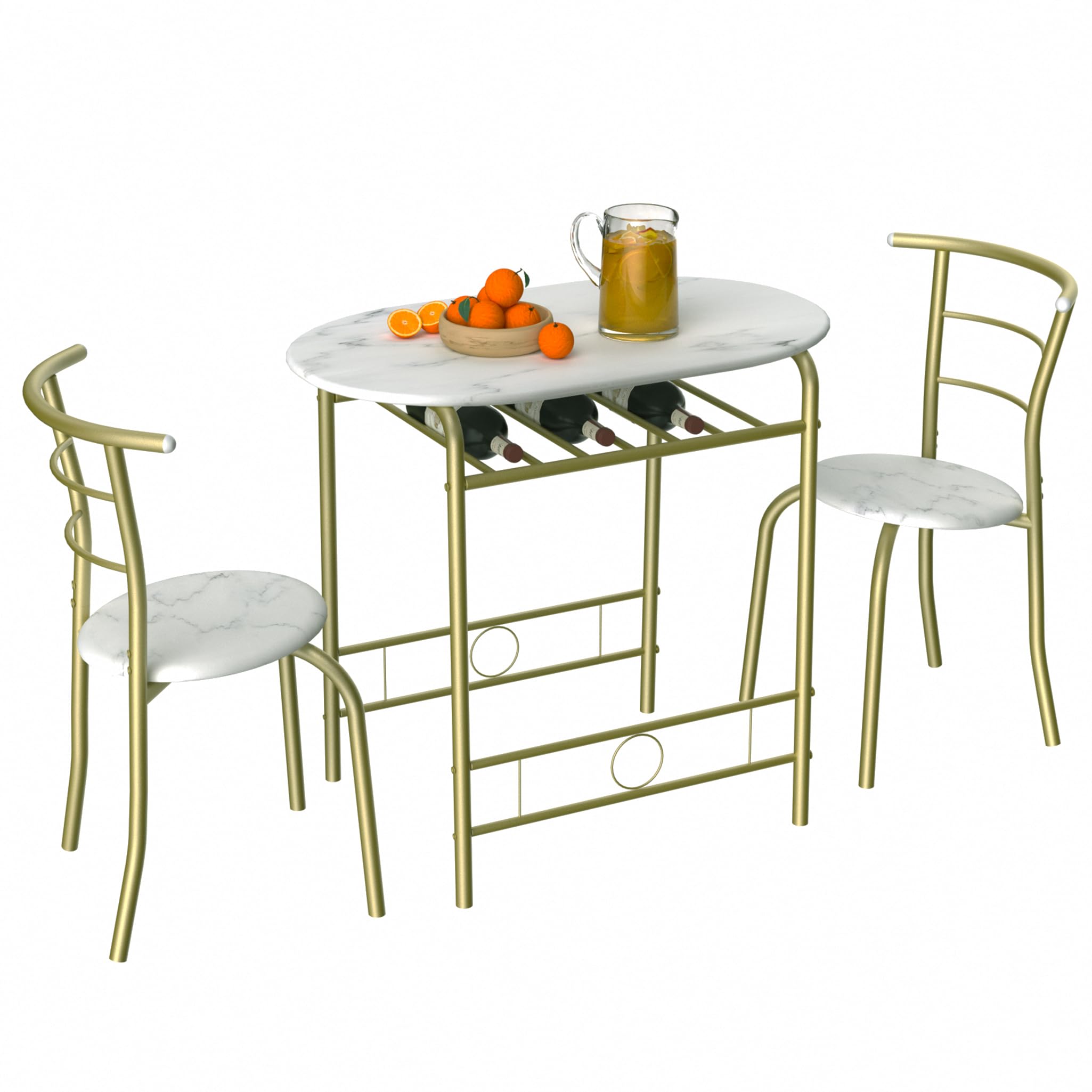 VECELO 3 Piece Small Round Dining Table Set for Kitchen Breakfast Nook, Wood Grain Tabletop with Wine Storage Rack, Save Space, 31.5", White and Gold