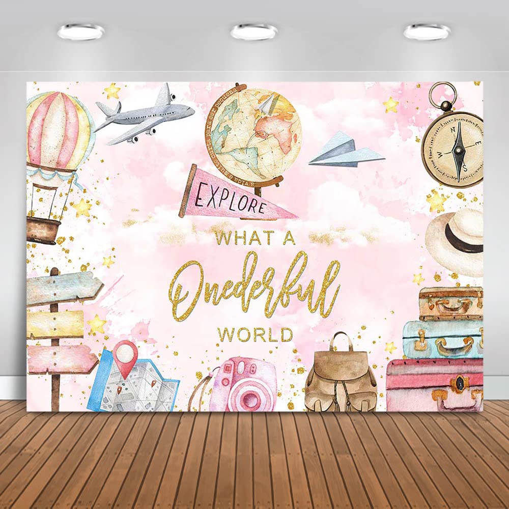 Mocsicka What a Onederful World Backdrop Adventure Girl First Birthday Background Hot Air Balloon Travel 1st Birthday Party Cake Table Decoration