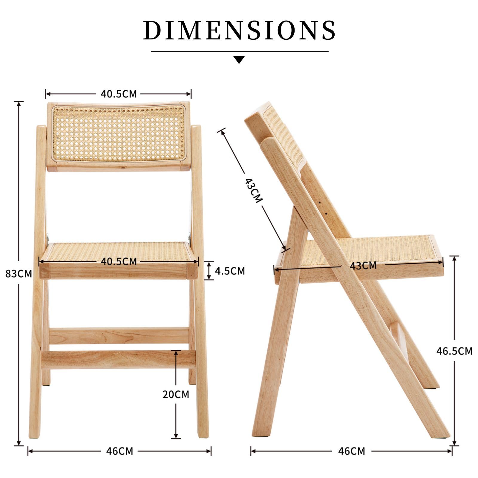 chairus Juego de 2 Sillas de Comedor de Madera Sillas de Jardín Plegables de Ratán, Sillas de Terraza sin Reposabrazos para Exterior/Cocina, Color Natural