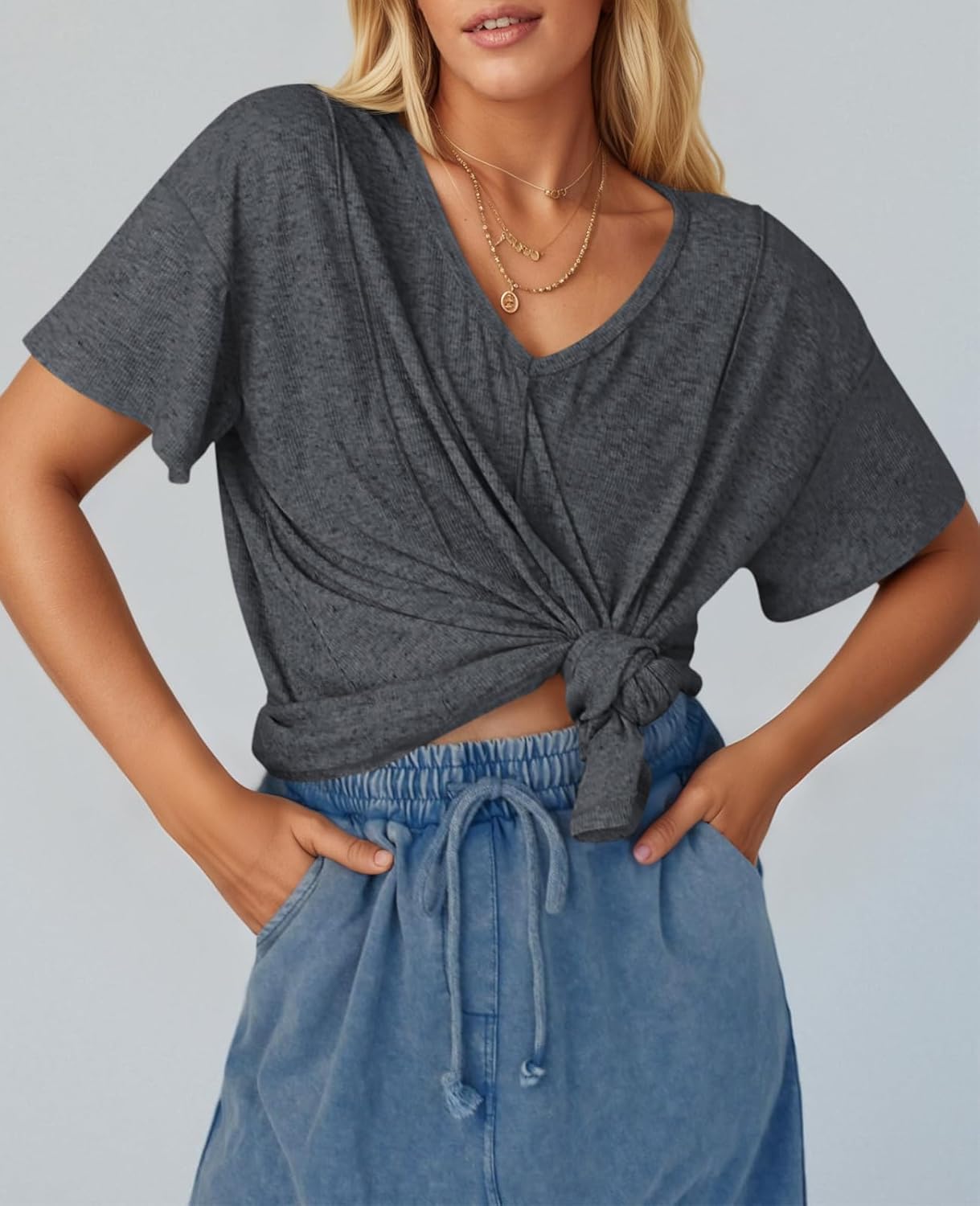 Tankaneo Womens Oversized Tshirts Knit V Neck Short Sleeve Tunic Tops Summer Casual Loose Fit Tee Shirts - Image 3