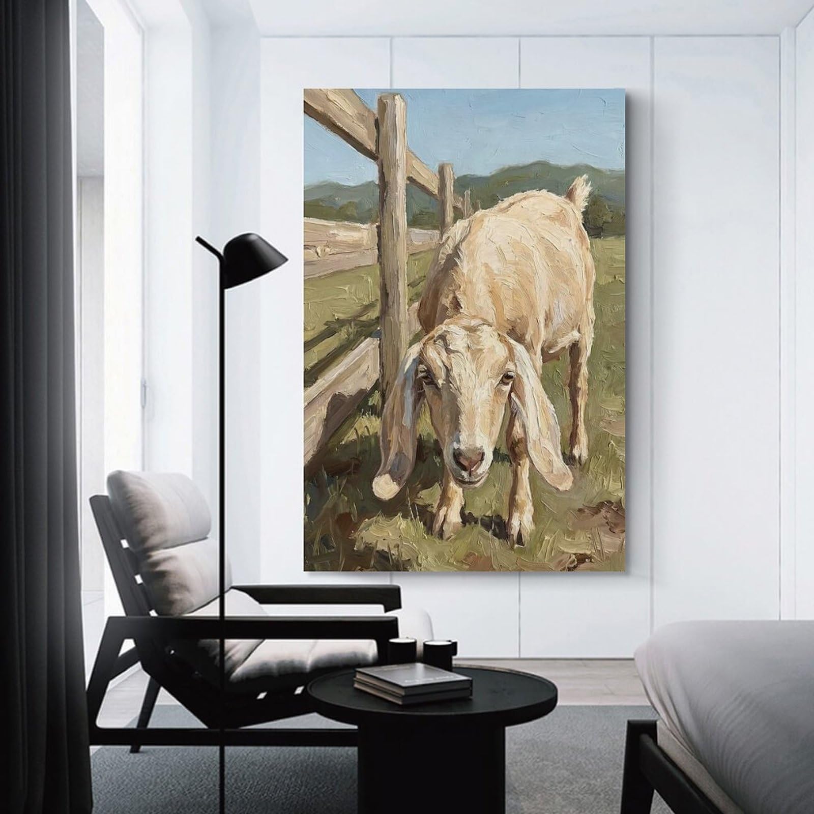Junmoney Goat by A Wooden Fence Hanging Wall Art 12x18inch(30x45cm), for Study, Office Or Focused Interiors, Wall Art That Adds Style to Work Areas