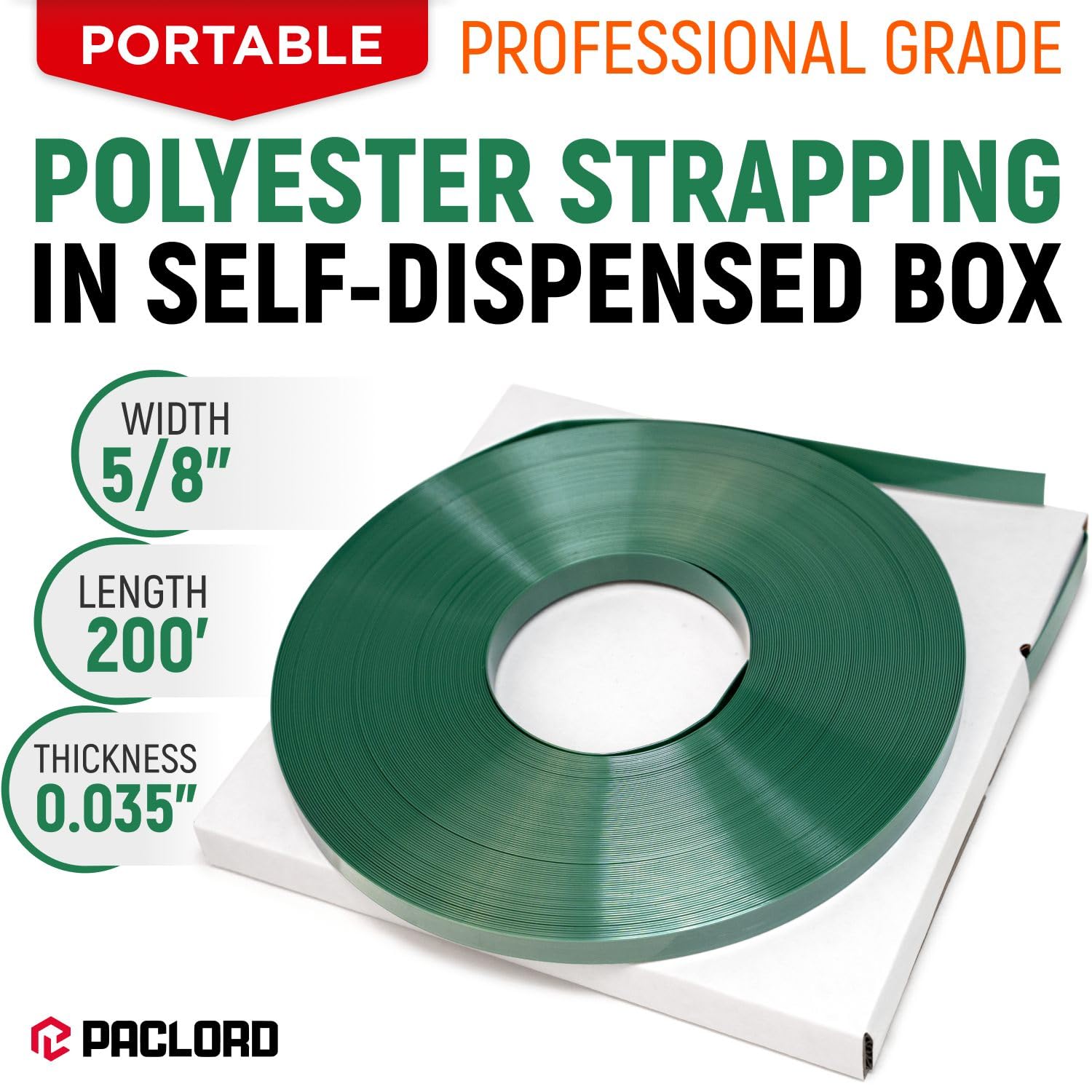 5/8" x 200' Industrial-Grade Polyester (PET) Strapping Coil in Portable Self-Dispensed Box, 0.035" Thickness, 1400 lbs Break Strength - Green Pallet Banding Strap – Excellent Weather Resistant