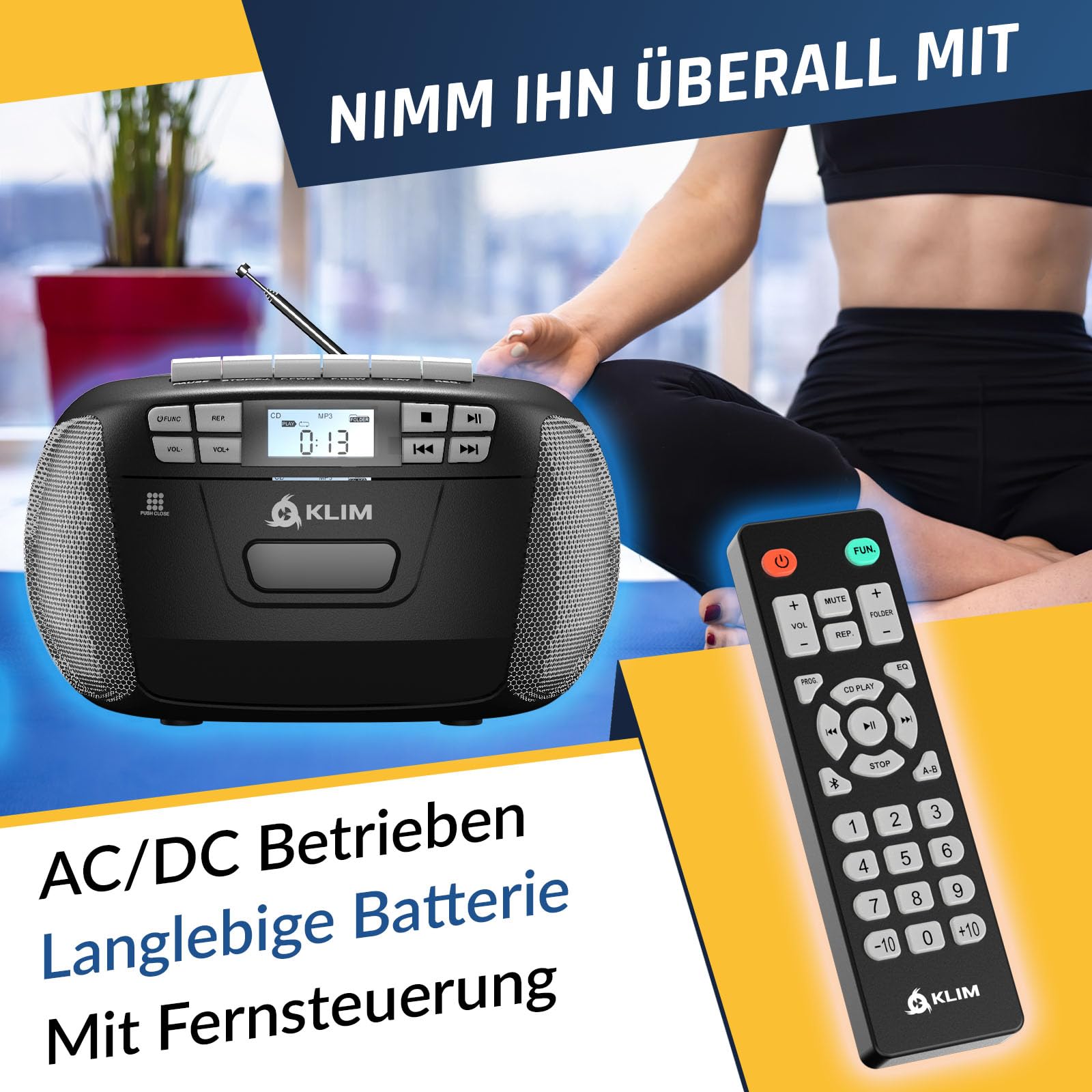 KLIM CD Player mit Kassette, Kassettenspieler, Kassettenrekorder, AM/FM Radio & USB, Bluetooth CD-Player, Netz- und Batteriebetrieb - Silber