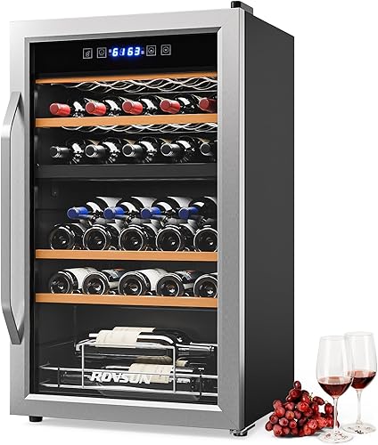 ROVSUN Refrigerador de bebidas de doble zona, enfriador de 33 botellas con puerta de vidrio y control digital de temperatura, independiente para