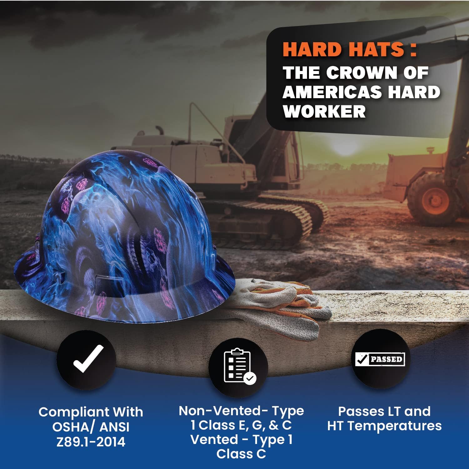ACERPAL Full Brim Non-Vented Tattoo/Skull Design Matte Finish OSHA Hard Hat with 6-Point Suspension