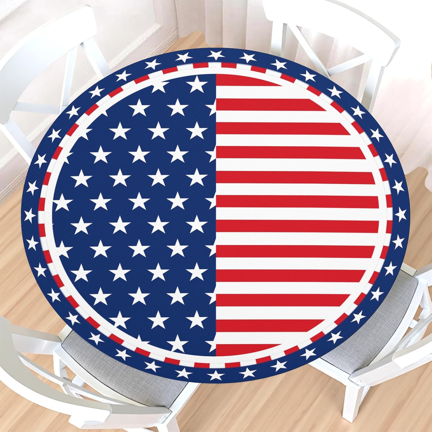 Toalha de mesa patriótica redonda com borda elástica, resistente à água, 4 de julho, bandeira americana Memorial Day para mesas encontradas de 101 a 111 cm, toalha de mesa…