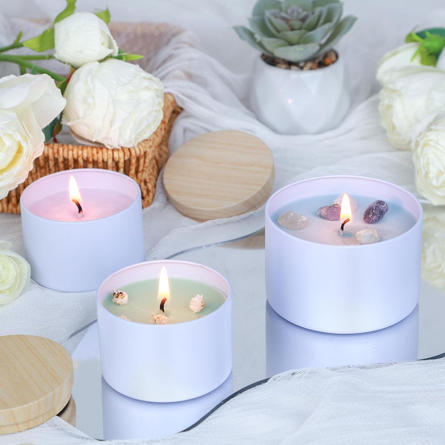 CONNOO 24 Pack Candle Tins, 12pcs 8 OZ & 12pcs 4 OZ White Jars with Metal Wood-Grain Lids Bulk Empty Candle Containers for Making Candles, Wick Kit Included