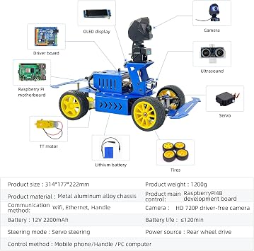 Ackerman Chassis Smart Robot Car Kit for Raspberry Pi, Autonomous Driving, AI Visual, Python Programming Education Project for Teen Engineers Students (with Raspberry Pi 4GB)