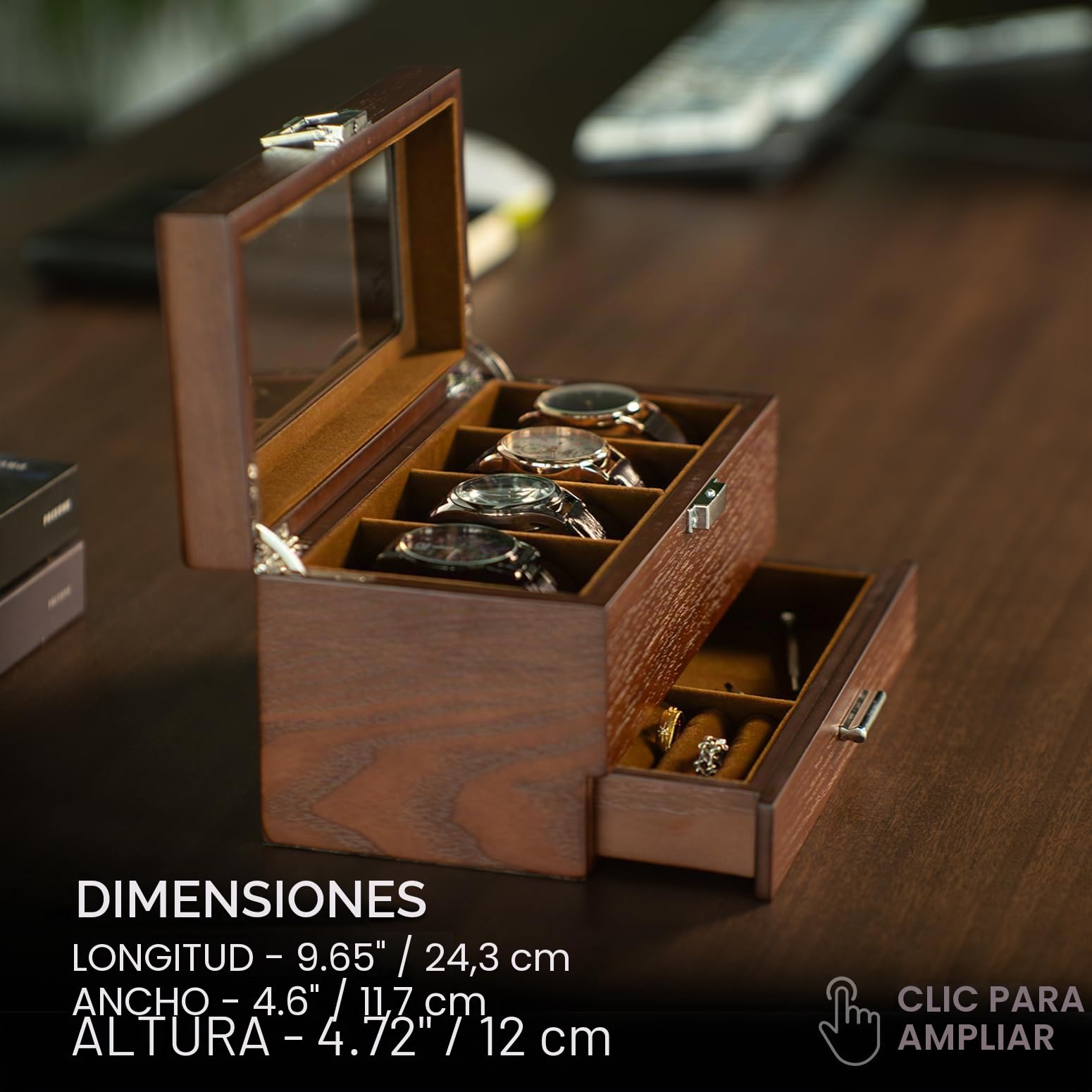 Slege Caja de Relojes de Madera,con 4 Compartimentos de 2 Niveles,Caja para Relojes Hombre,Estuche Relojero Organizador con 1 Cajón,Cubierta de Vidrio,Organizador para Hombres y Mujeres Regalo,Marrón