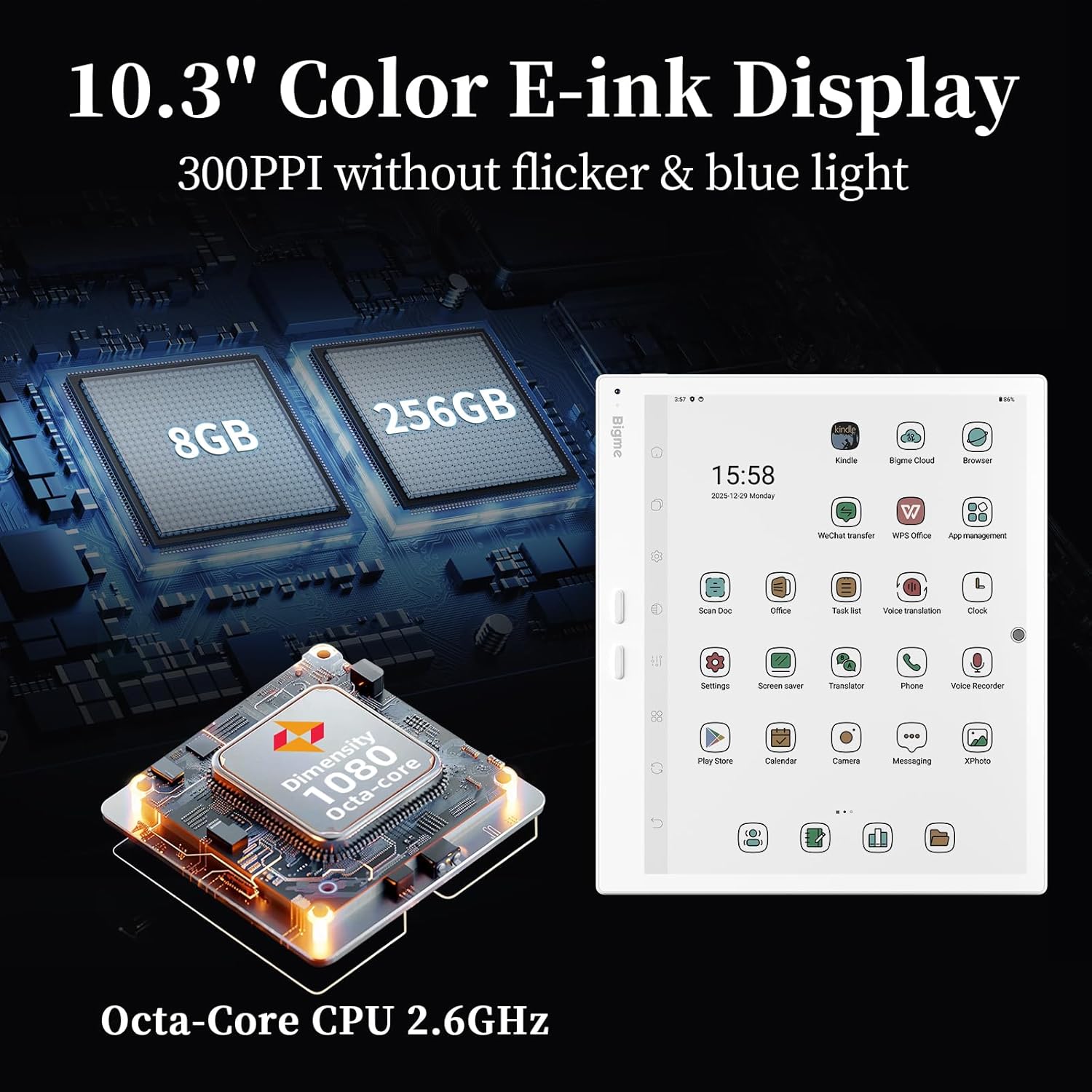 Bigme B10 Color E-Ink eReader Tablet 10.3" Digital Epaper Tablet with 8GB +256GB, Fingerprint Unlock, 4G Connectivity, Stylus Pen, Android Ebook Readers Device with Octa Core 2.6Hz, Long Battery Life