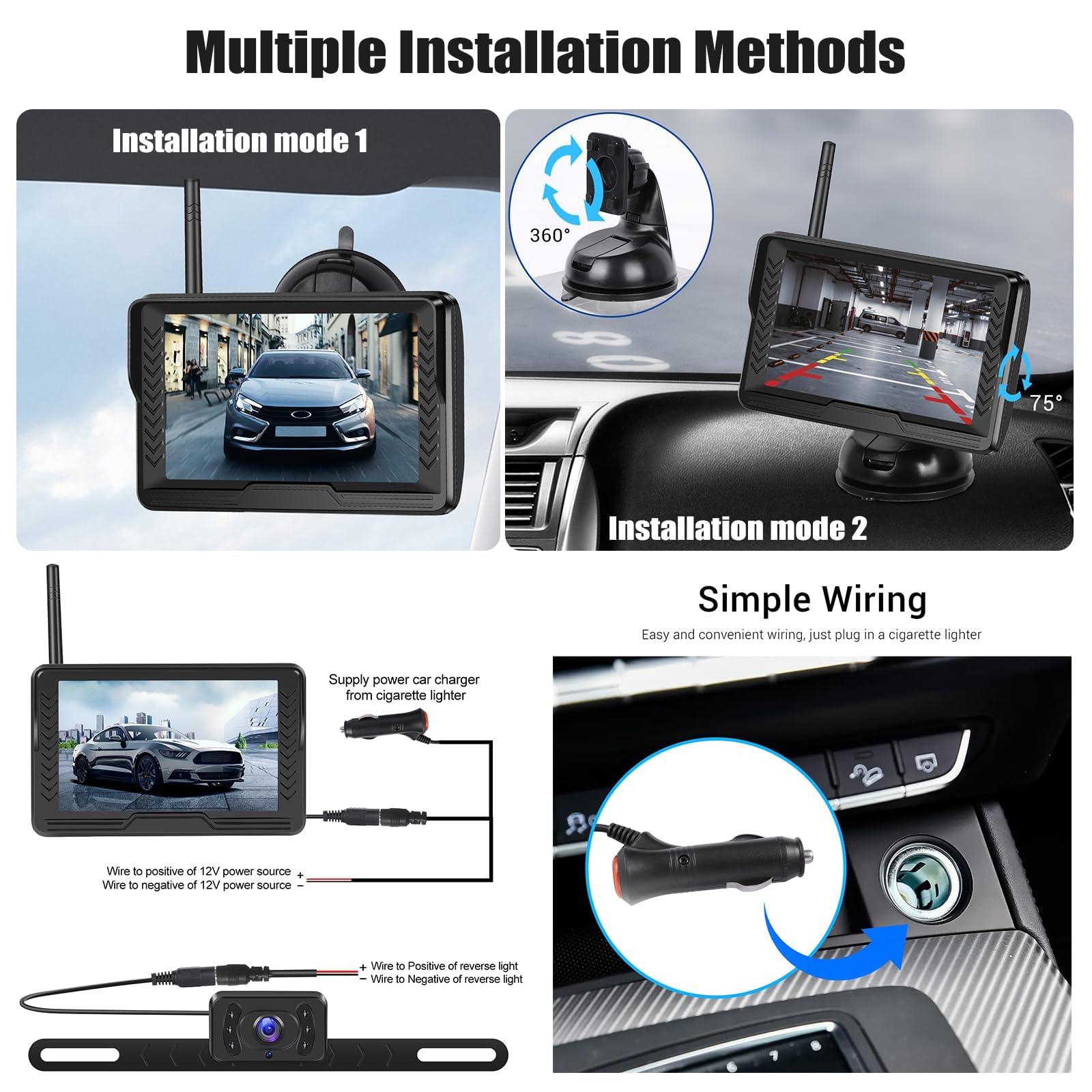 CAMECHO 5 Pulgadas Cámara de Marcha atrás inalámbrica para Coche con Pantalla,Impermeable,visión Nocturna Camara Trasera Kit con DIY Ayuda de Marcha atrás y Flip de Imagen para Minivans SUV