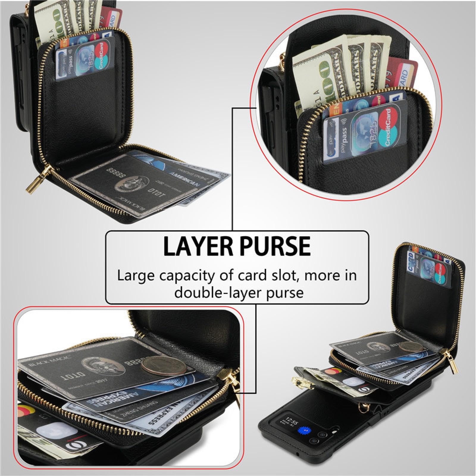 Do Samsung Z Flip 3 Smycz Skórzany Zamek Portfel Slot Karty Etui na Telefon Smycz Portfel Torba Flip Stojak Pokrowiec Tylna Torba (Do Samsung Z Flip 3/Czerwony)