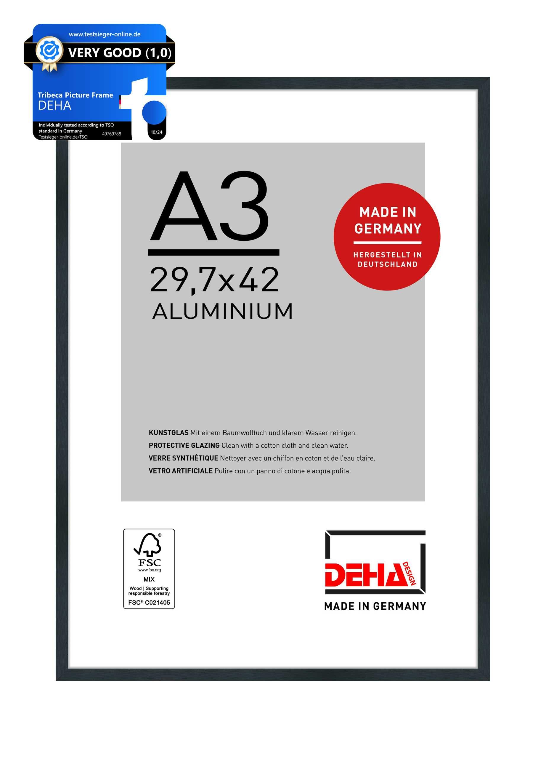 Deha Design Brushed Frosted Black Tribeca Aluminium Picture Frame - A3 (29.7X42 Cm) – Brushed Black - With Synthetic Glass And Push/Turn Clips
