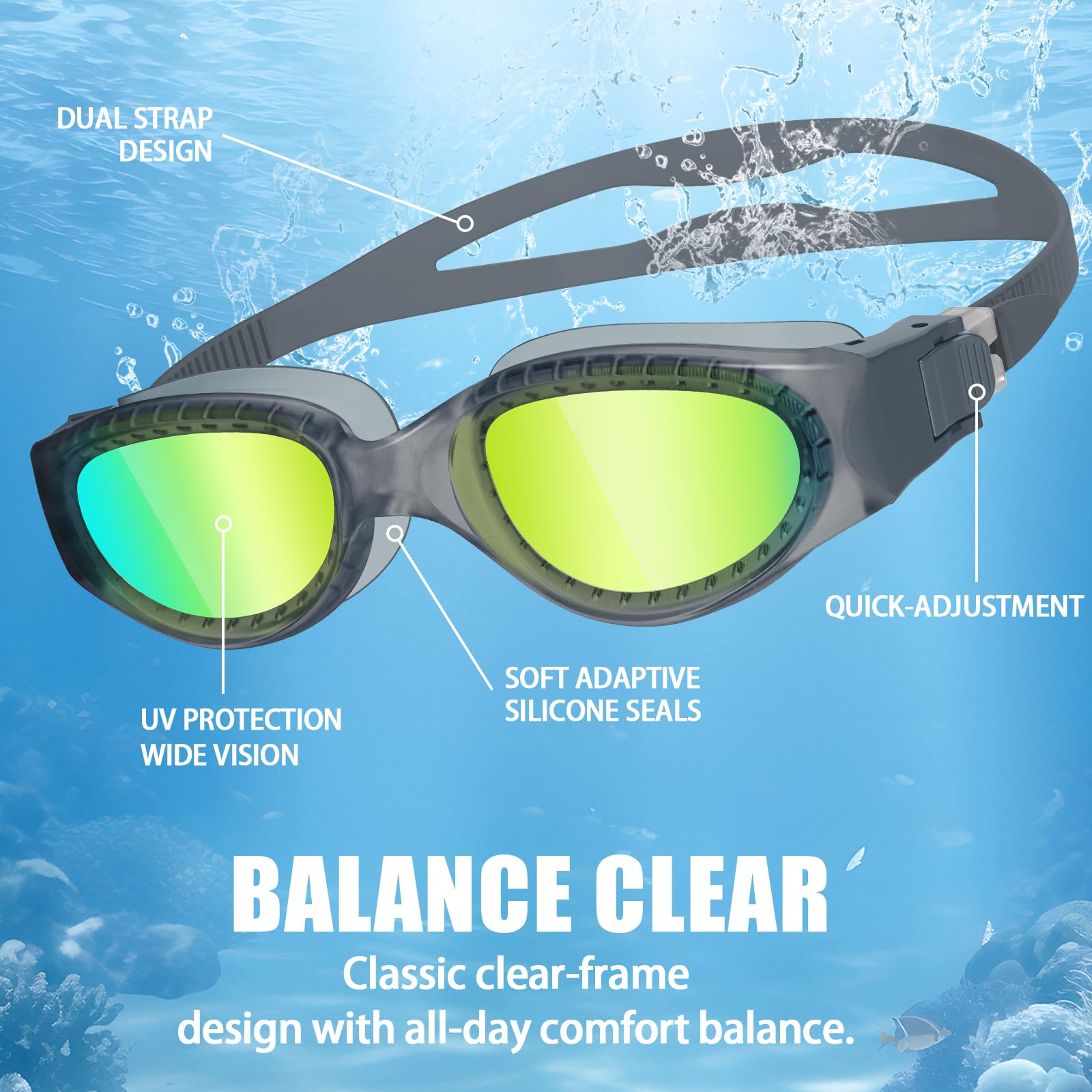 Occhialini da nuoto per adulti, anti-appannamento, anti UV, nessuna perdita, visione chiara, occhialini da nuoto per piscina, unisex, con lenti trasparenti