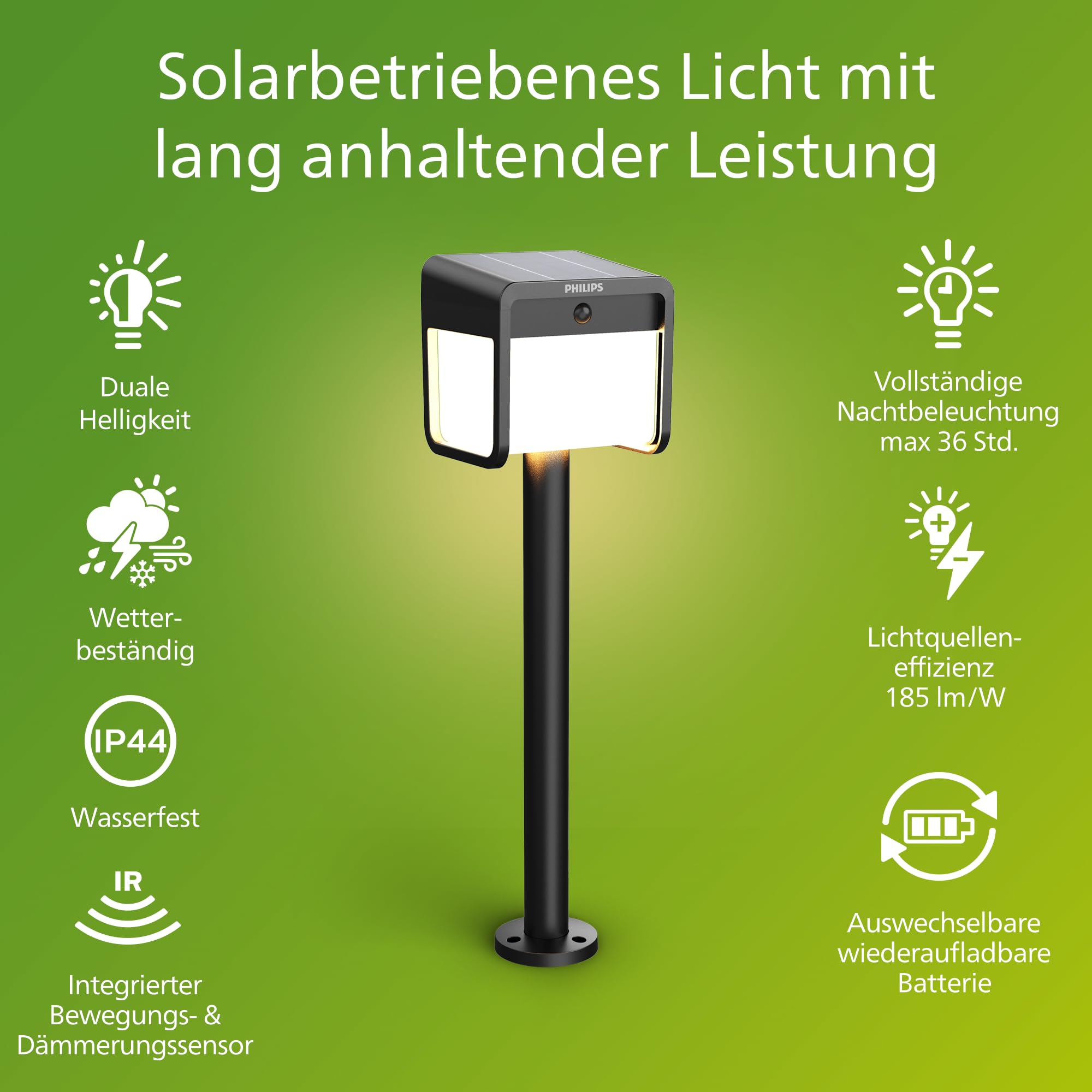 Philips Ezra ultraeffiziente Solar-Sockelleuchte für den Außenbereich mit Sensor, 3000K weißes Licht, 250/25lm, Schwarz