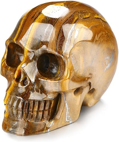 Vista 2 de Skullis Calavera de cristal de ojo de hierro de tigre de 2.0 pulgadas, escultura de arte fino de piedras preciosas talladas a mano, estatua