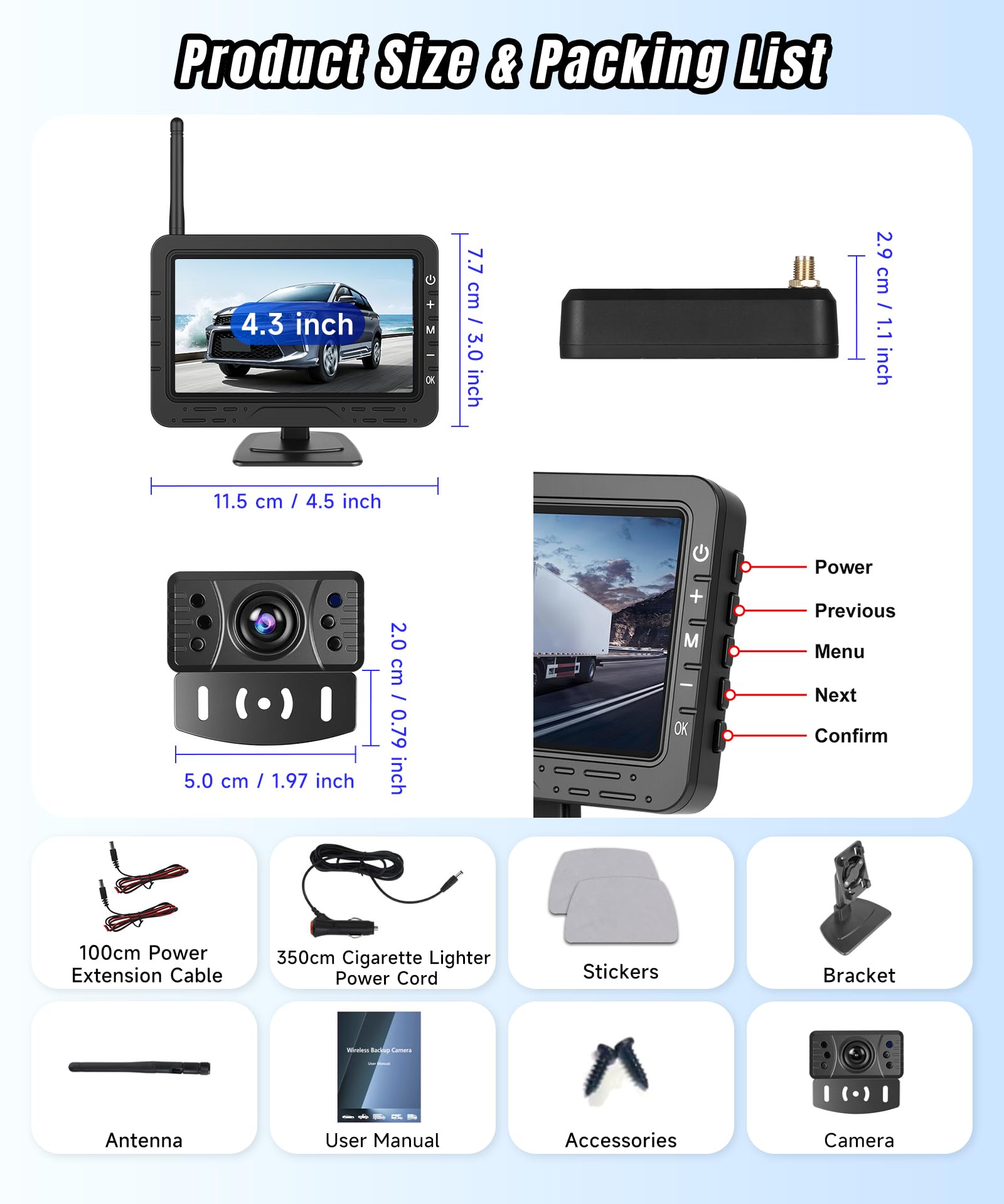 VECHTEL Cámara de visión Trasera inalámbrica con Pantalla HD de 4,3 Pulgadas,cámara de visión Trasera Digital con visión Nocturna IP68,Pantalla extraíble con Enchufe para Encendedor de Cigarrillos