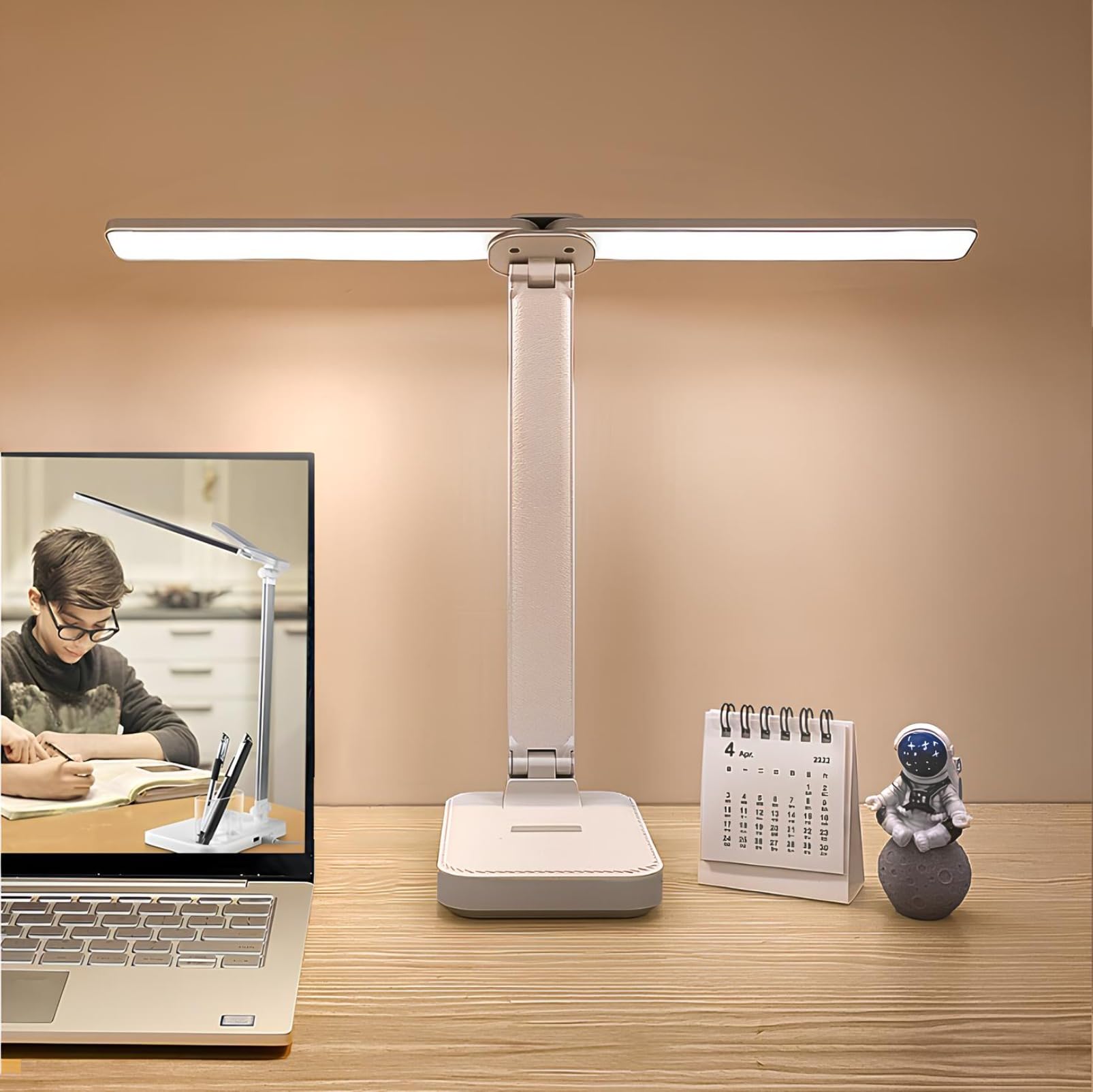 Weiongppy Lampara Escritorio LED de Doble Cabeza 40CM, Luz con 3 Modos, 4000mAh Lampara Estudio, Regulable Flexo Led Escritorio, Puerto USB de Carga, Lamparas de Mesita para Estudio, Oficina