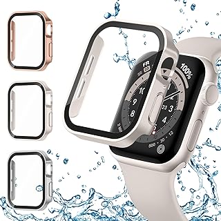 [3 Pack] Hard PC Case Compatible with Apple Watch 45mm Series 8 Series 7 with Tempered Glass Screen Protector, Waterproof Full Coverage Protective Cover Ultra-Thin Shockproof Bumper for iWatch
