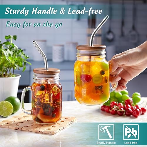 Miniatura 4 de DRASTAR Taza de café helado, tazas de 16 onzas con asa, tazas de café de vidrio pequeñas con pajitas y tapas de acacia, juego de 2 tazas de vidrio