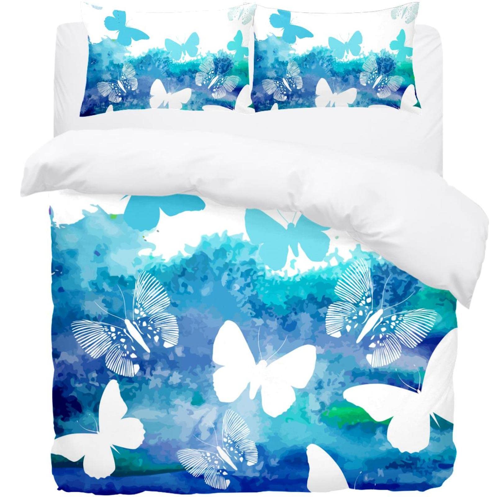 Housse de couette papillons bleu et ses 2 taies d'oreiller pour une chambre zen