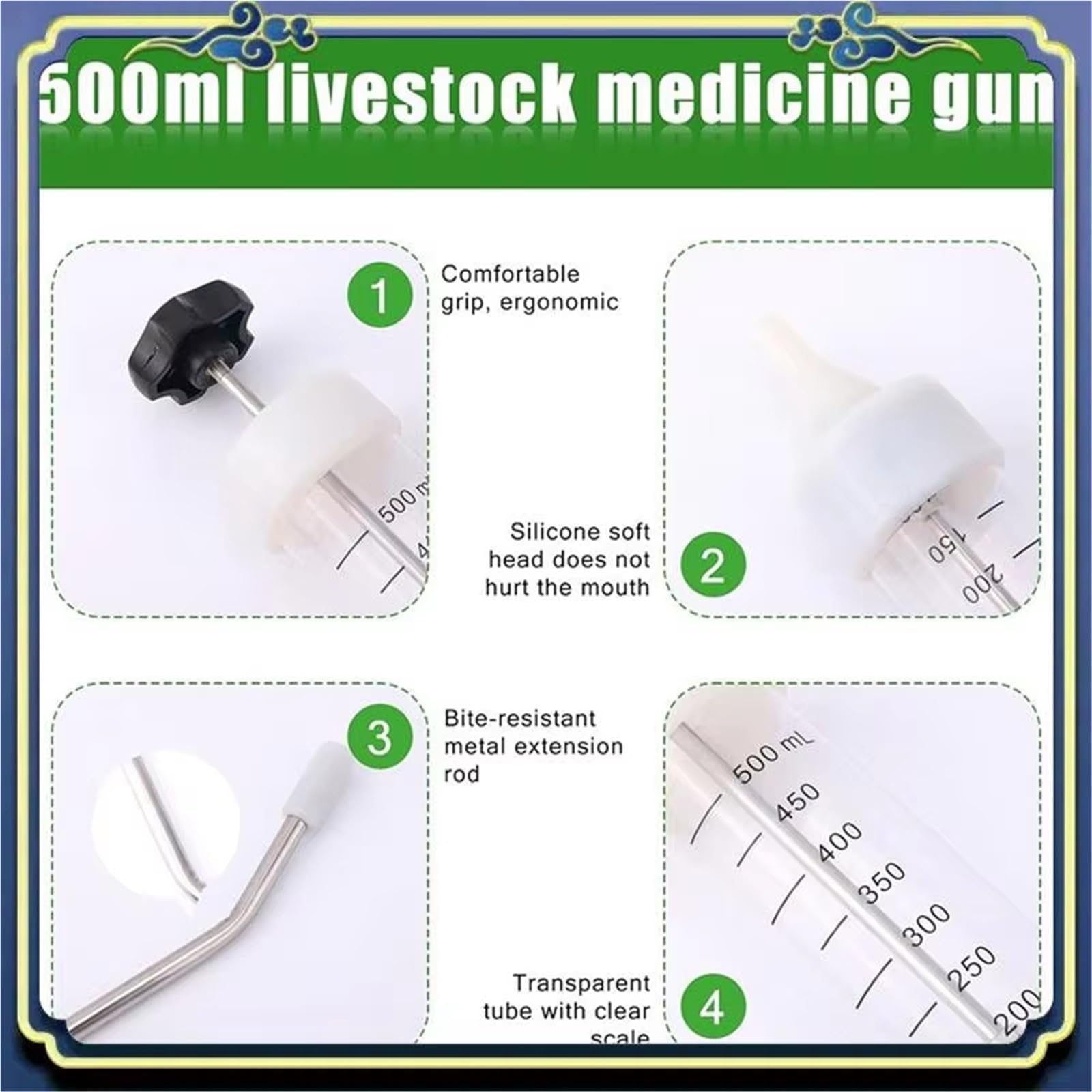 Modificabile per Pollame Bovini Pecore Pistola per Alimentazione Veterinaria in Metallo per Medicinali per Animali per Inzuppare Il Bestiame Regolabile Grande da 500 Ml