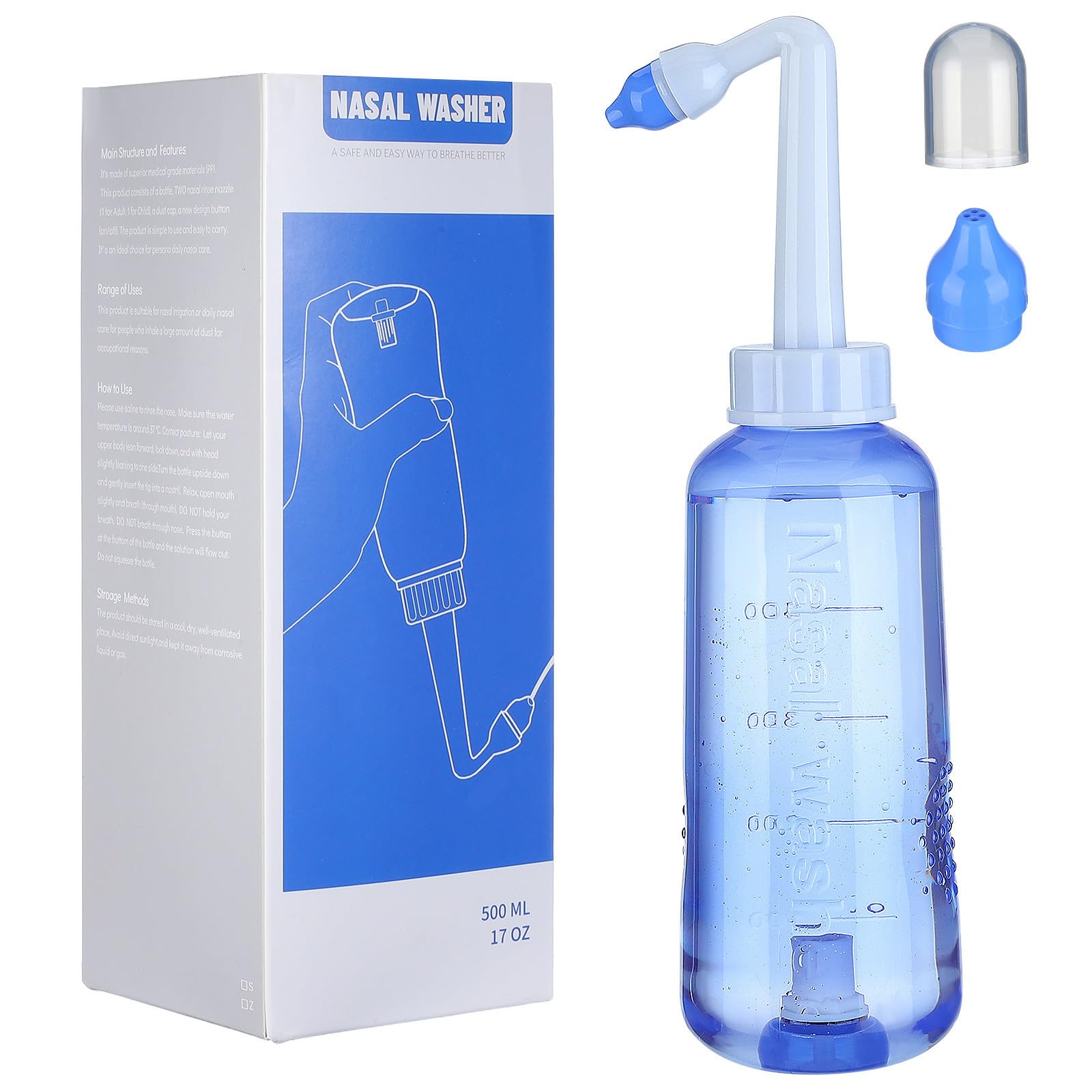 VICASKY Botella de Limpieza Nasal de 500ml para Adultos, Material Plástico Control de Flujo de Agua y Dos Boquillas para Irrigación Nasal Eficaz