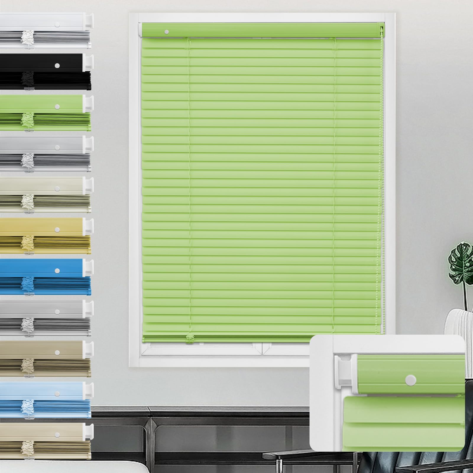 Moonice Aluminum Venetian Blinds No Drill No Tools Window Venetian Blind Color-Matched Horizontal Shade 25mm Slats Waterproof Shades for Office Home Interior Door (Green,60cm W x 250cm H)