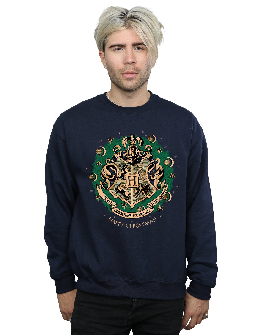 Harry Potter Men's Christmas Wreath Sweatshirt Large Navy Blue