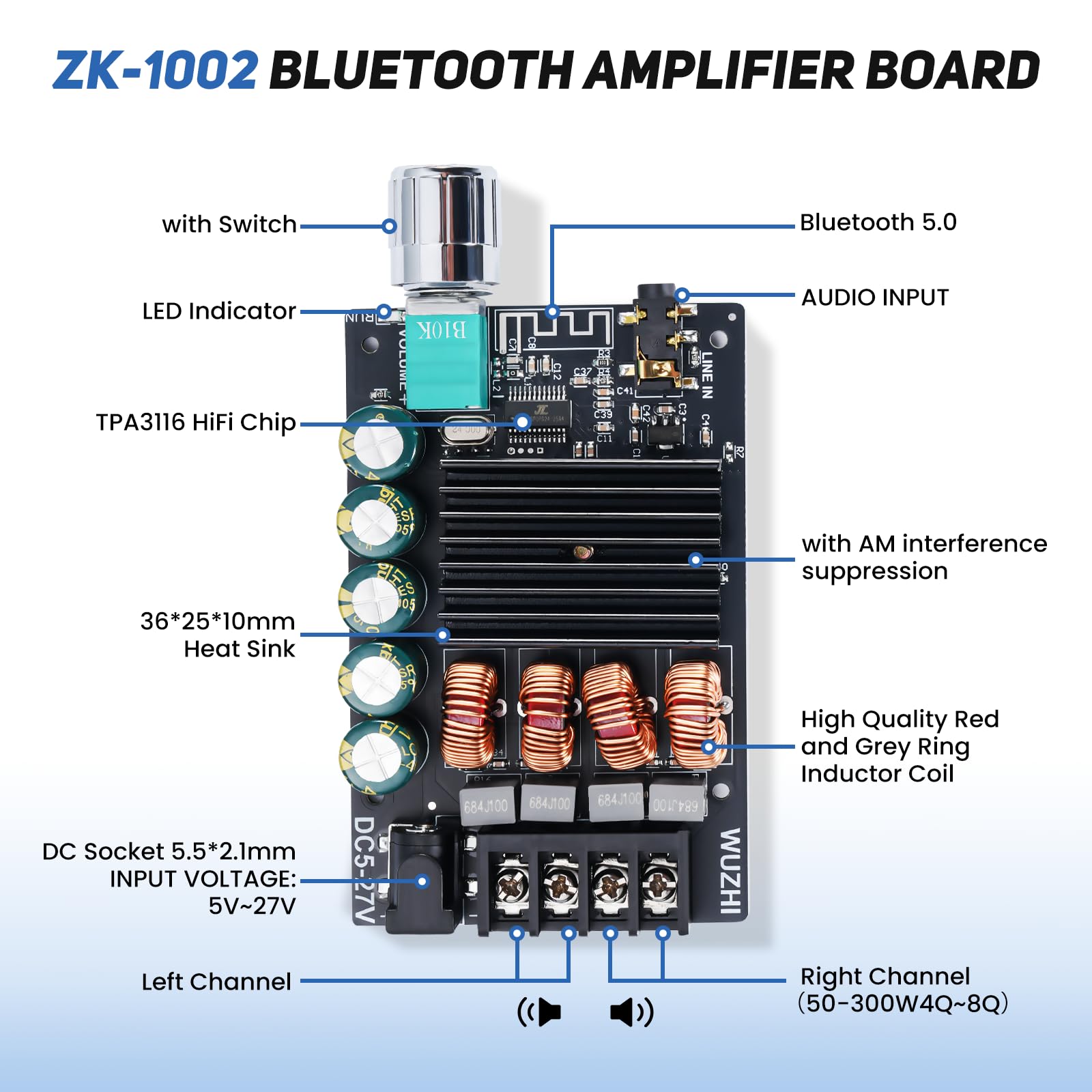 Scheda amplificatore audio Bluetooth 200 W TPA3116,2 x 100 W con filtro LC,Stereo Hi-Fi Digital Amp 2.0 Channel,DC 8-24 V, connessione silenziosa senza password per telefono, per casa o nomade
