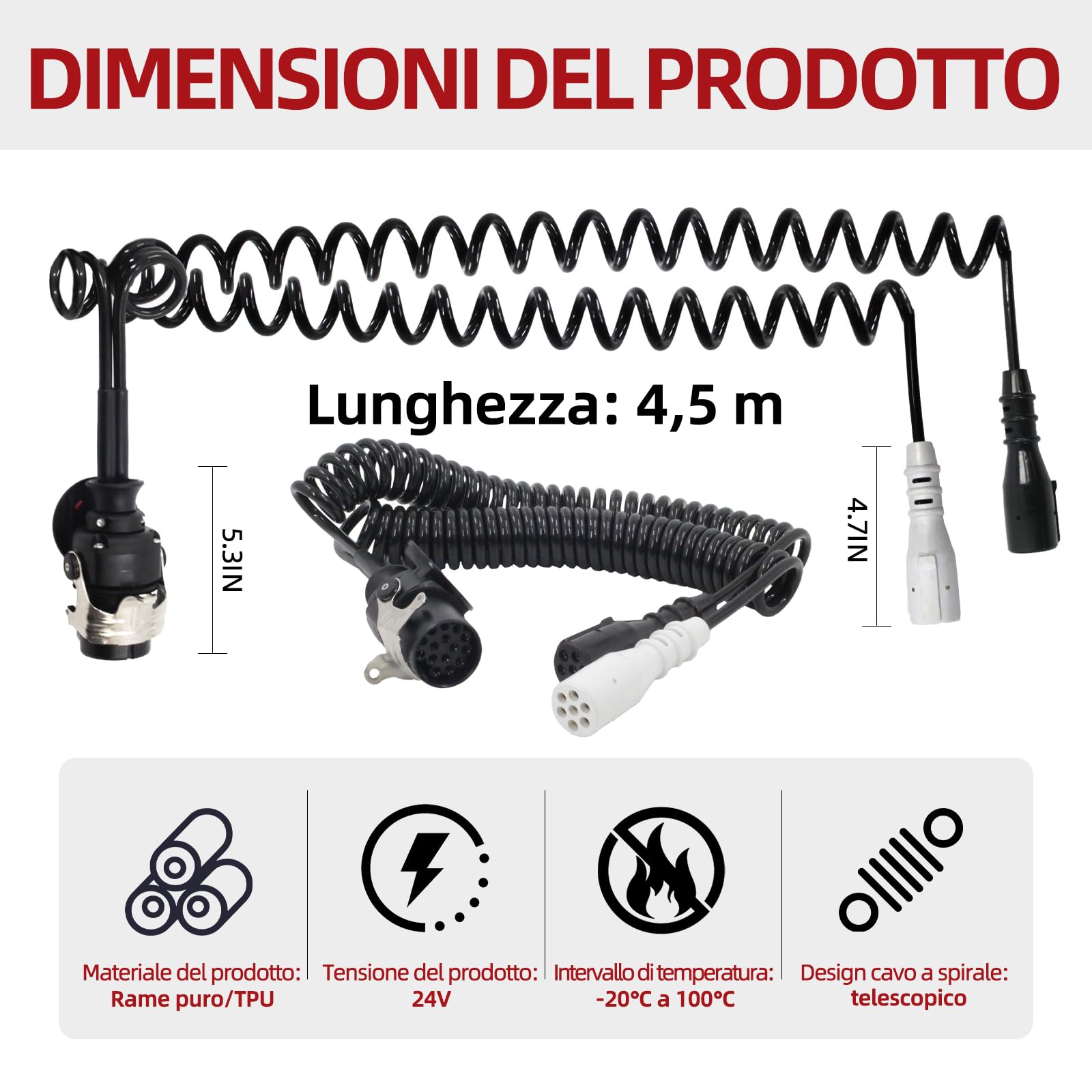 Adattatore a spirale elettrica, 24 V, 15 poli a 2 x 7 poli, cavo a spirale per camion, rimorchio, trattore