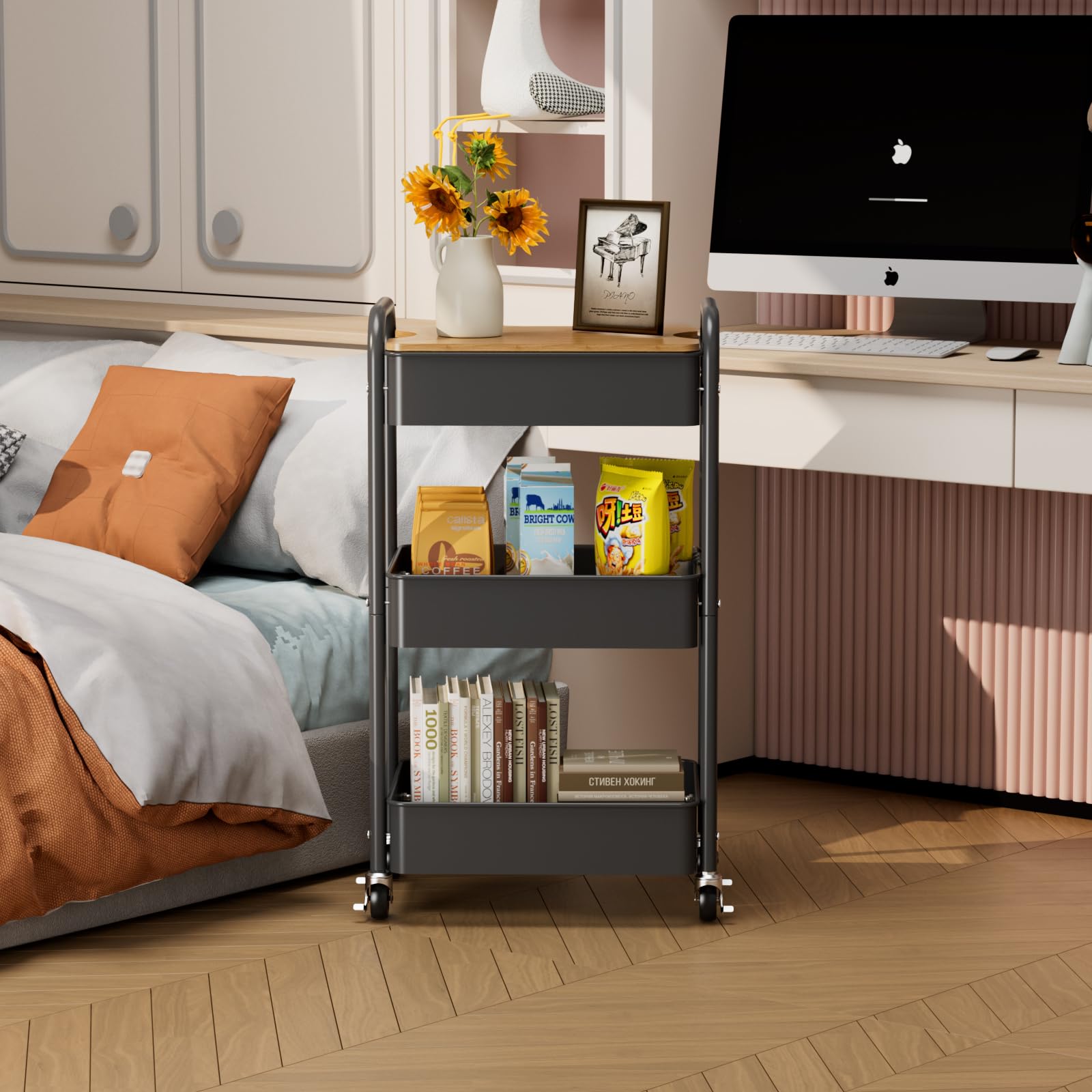 Carrito rodante de 3 niveles con mesa, carrito de utilidad de metal, carrito organizador de almacenamiento resistente con ruedas de bloqueo y ganchos para oficina, aula, cocina y baño, color negro