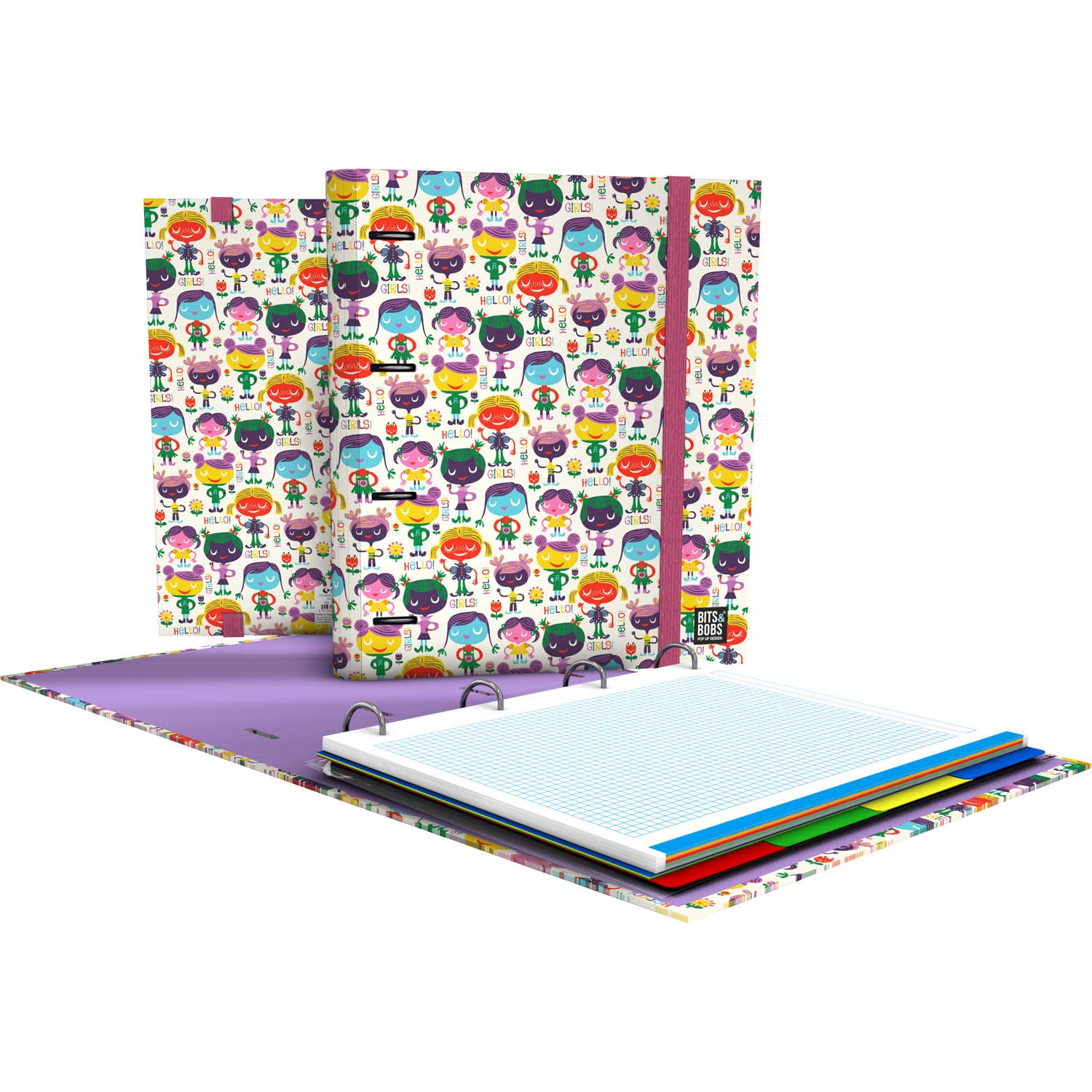 Grafoplás | 4 Ring Binder with Refill | A4 | includes 100 Grid 5x5 Sheets | Dividers | Clear Envelope | Bits & Bobs Pop Up Design | Hello | Carpebook | FSC
