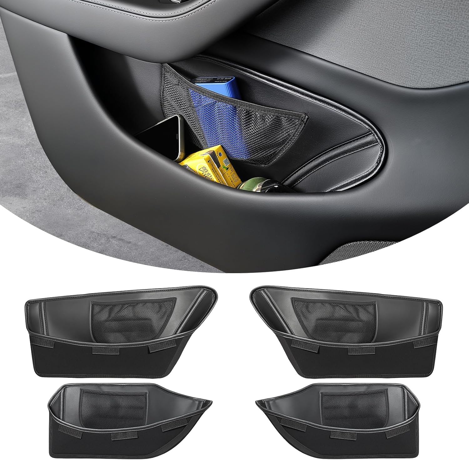 Tesla New Model Y (Juniper) Door Side Organizers PU Leather Door Storage Box Set Suitable for Model Y Interior Accessories, 4-Piece Set