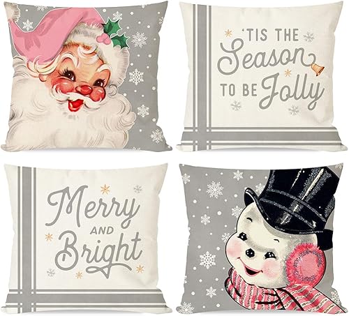 PANDICORN Juego de 4 fundas de almohada navideñas grises de 18 x 18 pulgadas, color rosa, vintage, Papá Noel, muñeco de nieve, decoración de