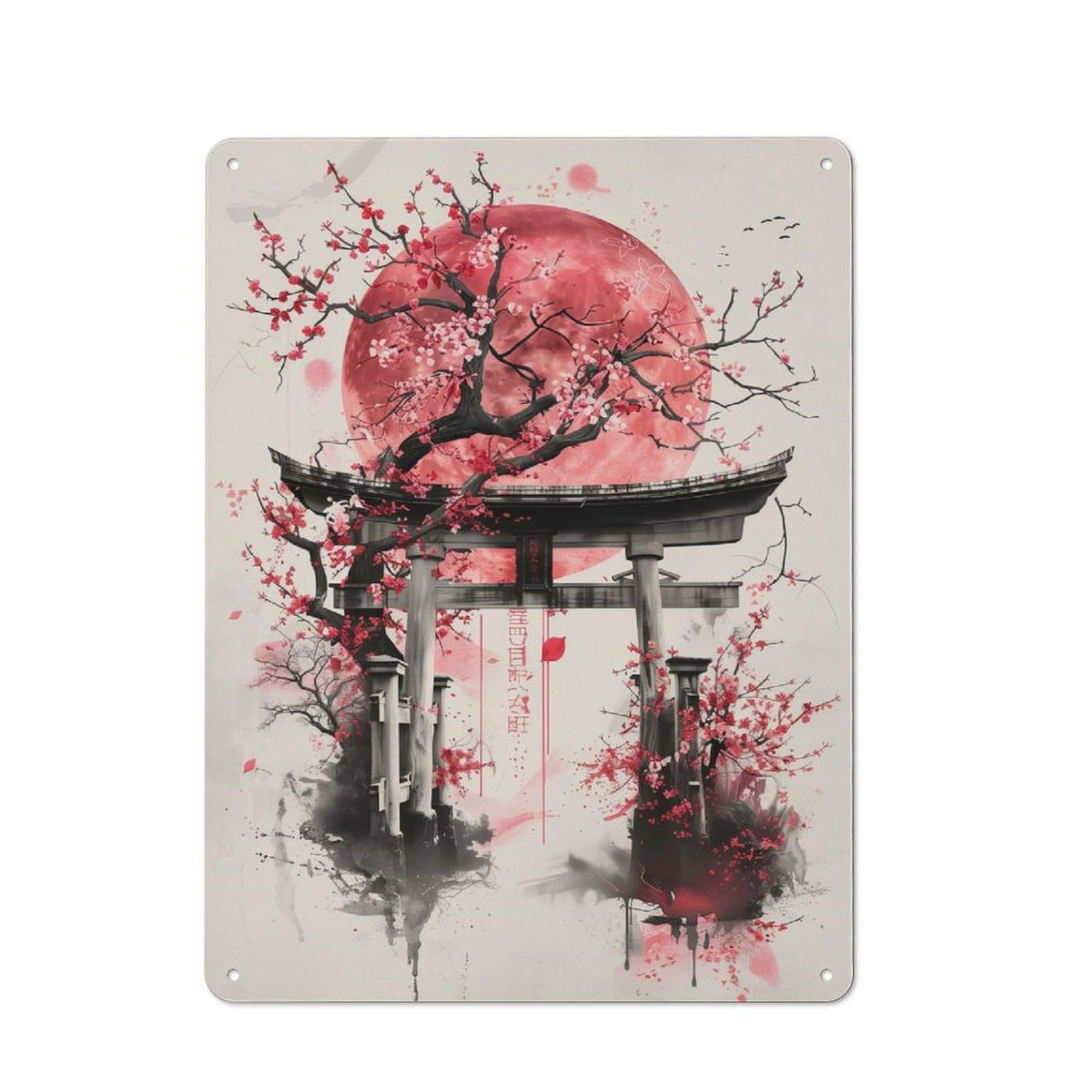 Junmoney Torii Gate Sakura Metal Wall Sign 40X30cm Featuring For Café Or Restaurant, A Decorative Metal Sign For Cafés And Restaurants