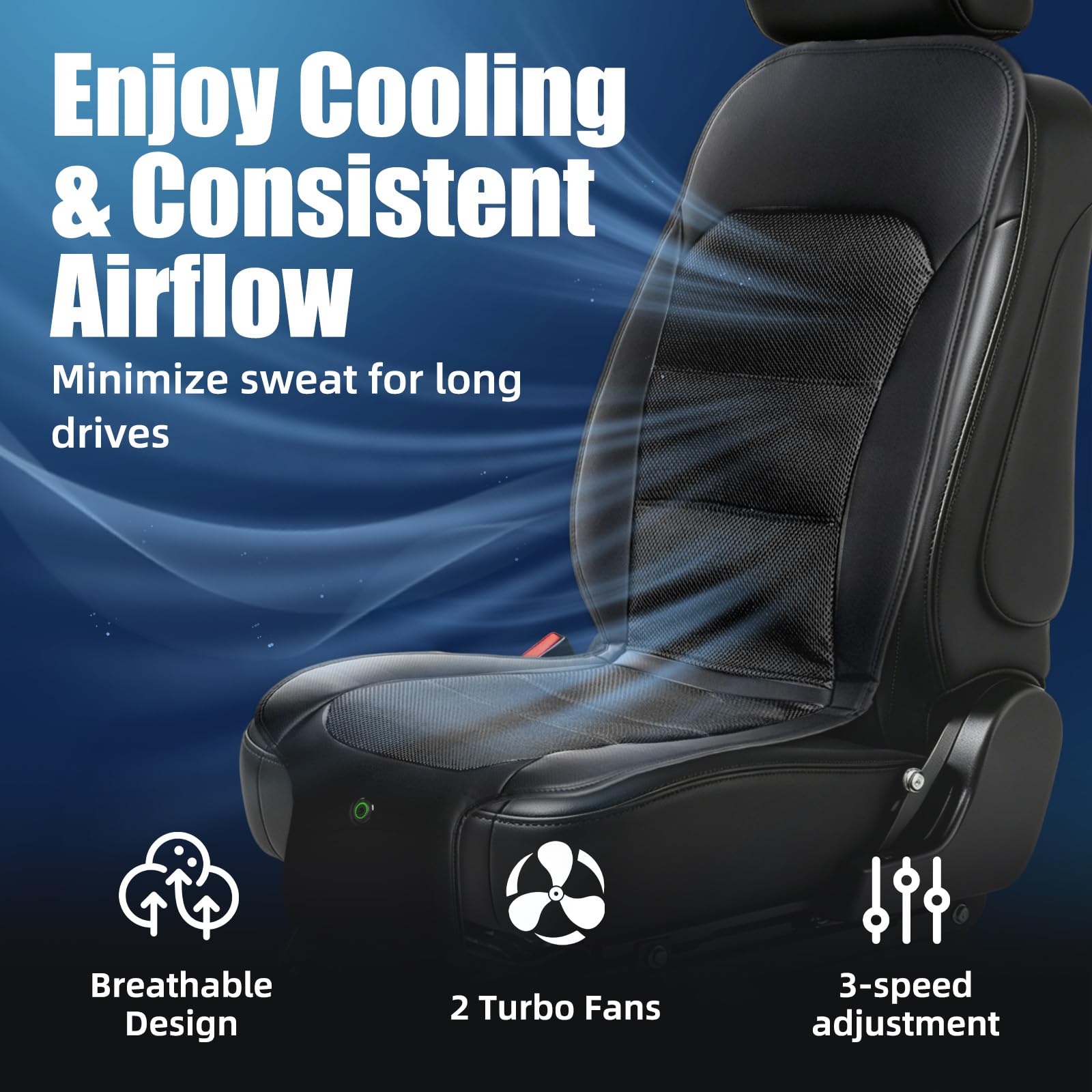 Funda de asiento de coche de refrigeración mejorada, cojín de asiento delantero de 12 V y 3 velocidades con 2 ventiladores turbo, ajuste universal para verano, coche, SUV, camión, oficina en