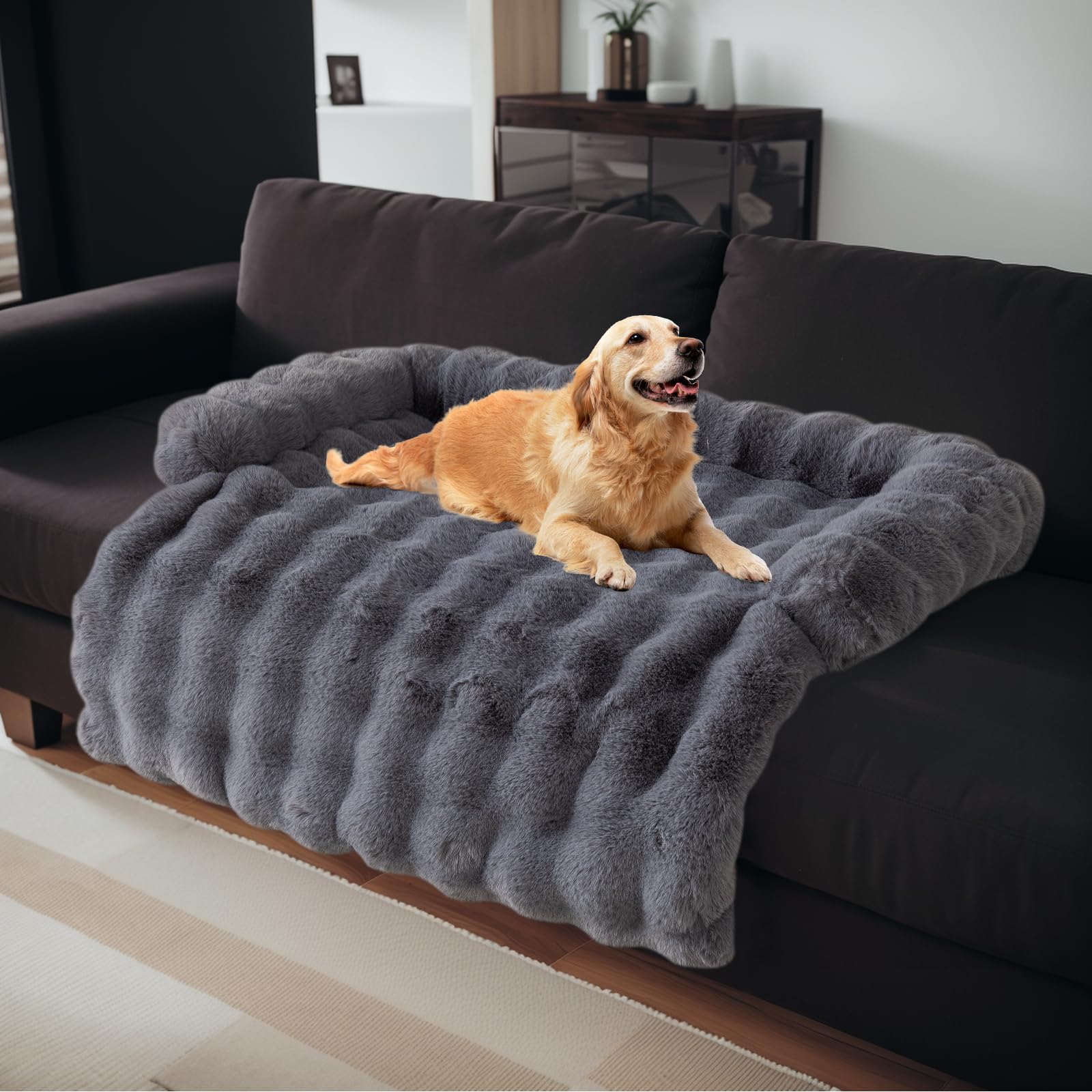 LiveGo Fuzzy Calming Dog Sofa Bed Mat, Washable Plush Couch Cover for Dog, Furniture Protector Pet Sofa Mat for Dogs and Cats, Fluffy Dog Couch Bed