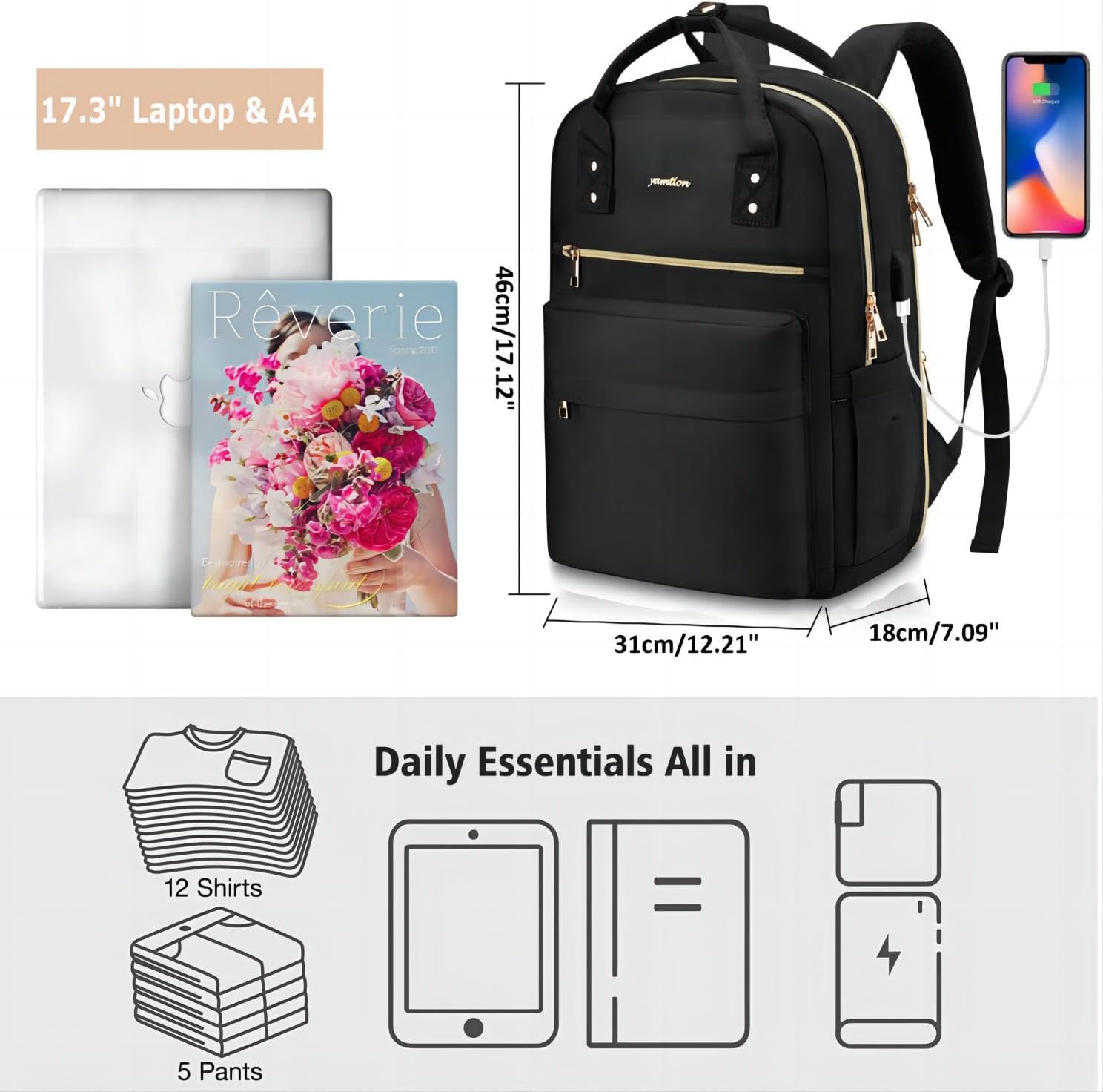 YAMTION 17 Inch Laptop Backpack for Women Bookbag School Backpack Computer Bag with Charger,Aesthetic Computer Backpacks for Girls College Work Mochila Mujer