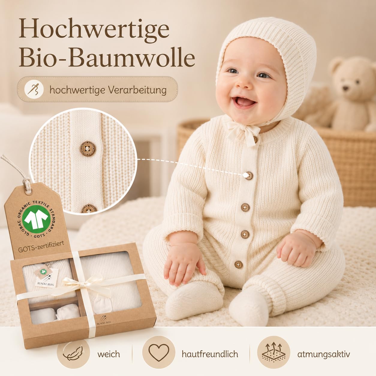 Bundle Bliss Zestaw upominkowy dla niemowląt ze 100% bawełny ekologicznej - śpioszki, koc, rękawiczki, czapka i buty | certyfikat GOTS | miękki, oddychający zestaw odzieży dla niemowląt i niemowląt (0