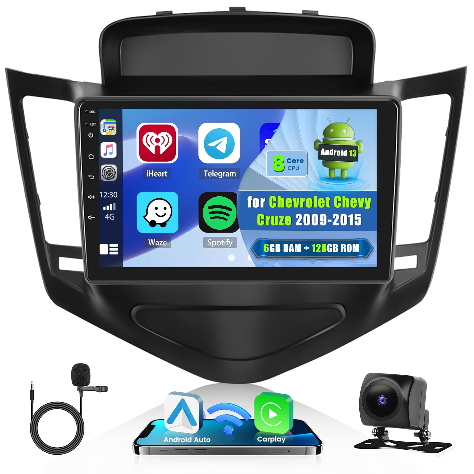 [6G+128G] for Chevy Cruze 2009-2015 Radio with Android Carplay Stereo, Hikity 9 Inch 1280x720 HD Touchscreen Android Auto Car Radio with DSP GPS WiFi BT 5.0 Backup Camera