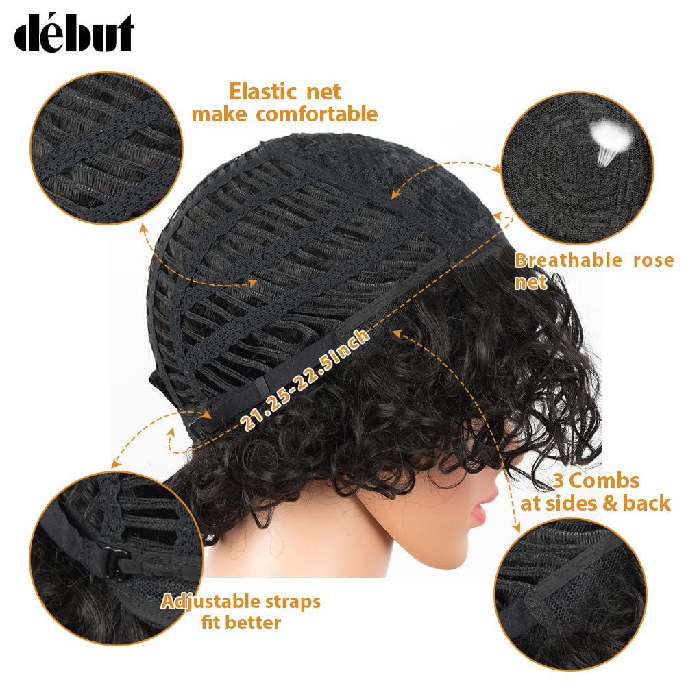 Kurze Bob Perücke mit Air Bangs Kurze lockige gewellte Echthaar Bob Perücke für Damen 25 cm 120g 130% Dichte (25 cm, Naturschwarz)