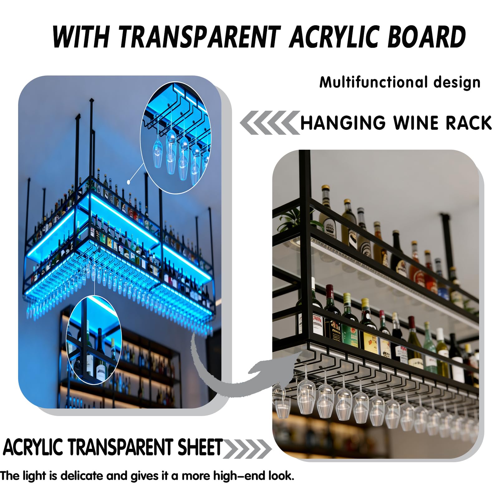 Clasificador de Vinos Colgante, Portavelas para Copas de Vino en Metal, Soporte de Almacenamiento de Vino de 2 Niveles,Exhibidor de Bar,Ideal para Bares,Restaurantes,Cafeterías y Cocina (negro, 80cm)